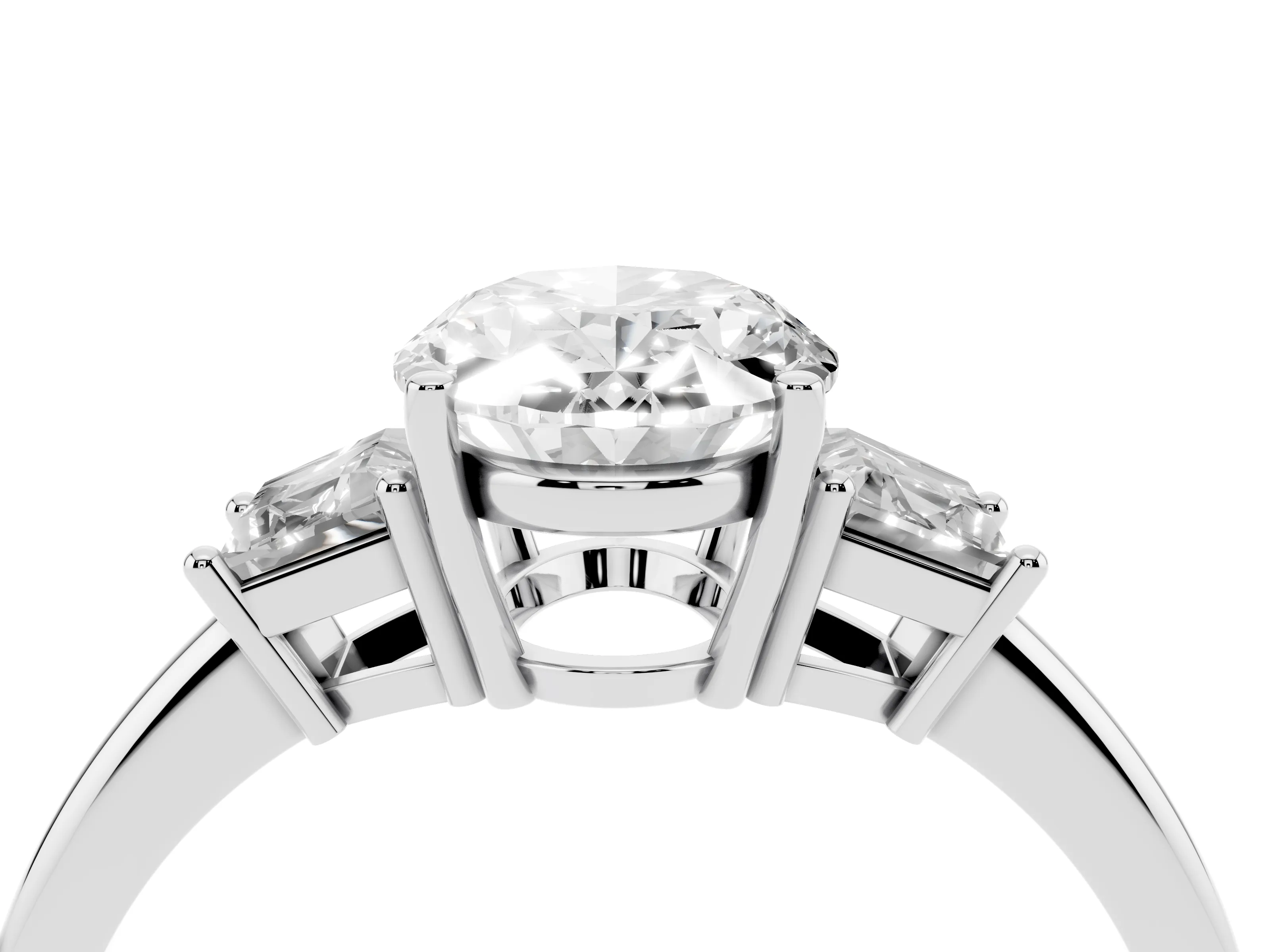 Oval Cut Diamond Three-Stone Ring Set in White gold with Trapezoid Side Stones and Prong Setting
