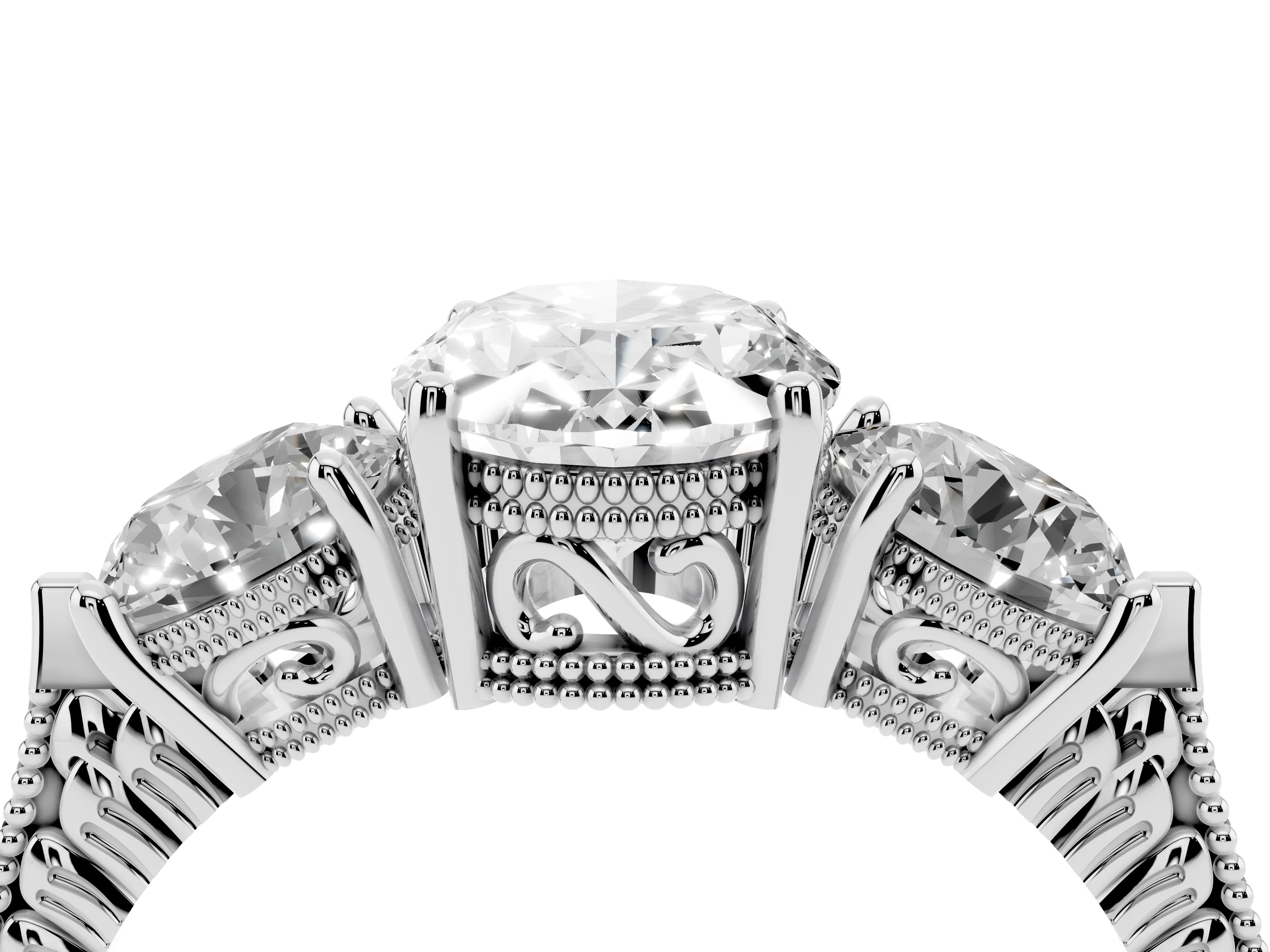 Oval Cut Diamond Three-Stone Ring Set in Platinum with Milgrain Band