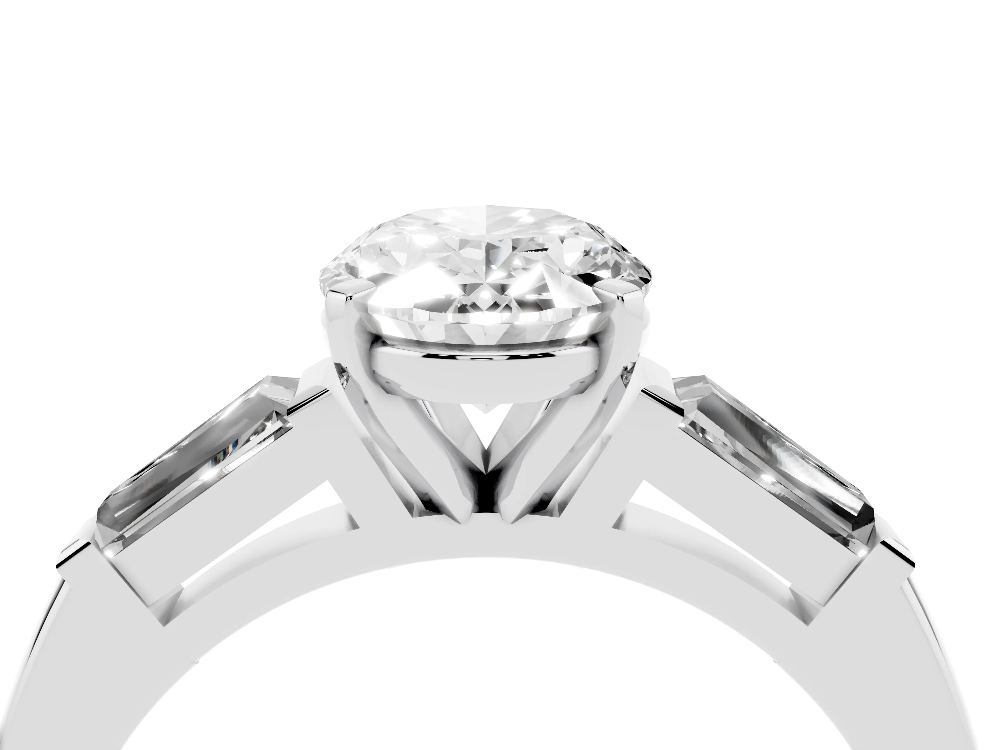 Oval Cut Diamond Solitaire Ring Set in Platinum with Tapered Baguette Side Stones and Prong Setting