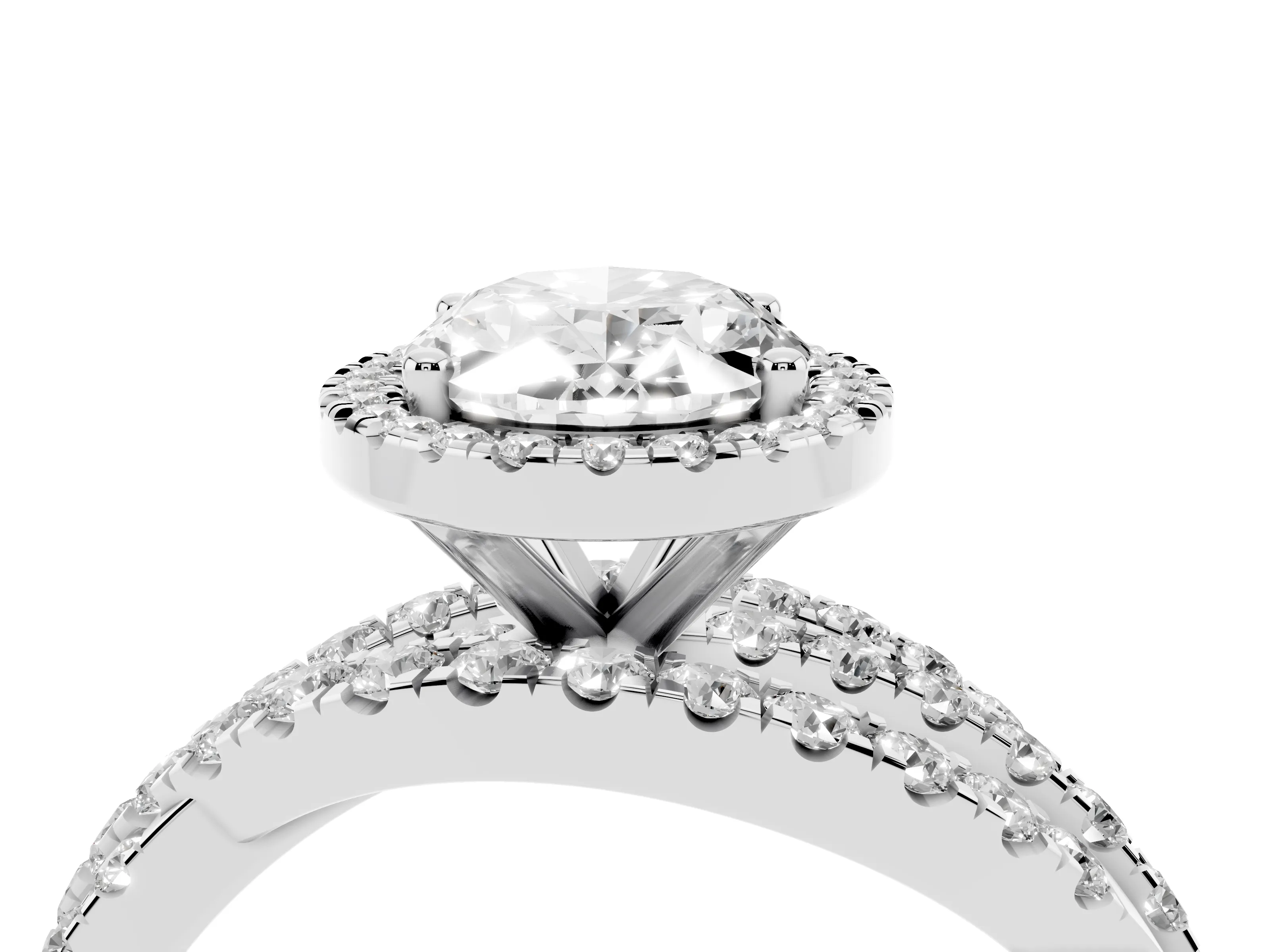 Oval Cut Diamond Halo Ring Set in Platinum with Round Crossover Split Shank and Prong Setting