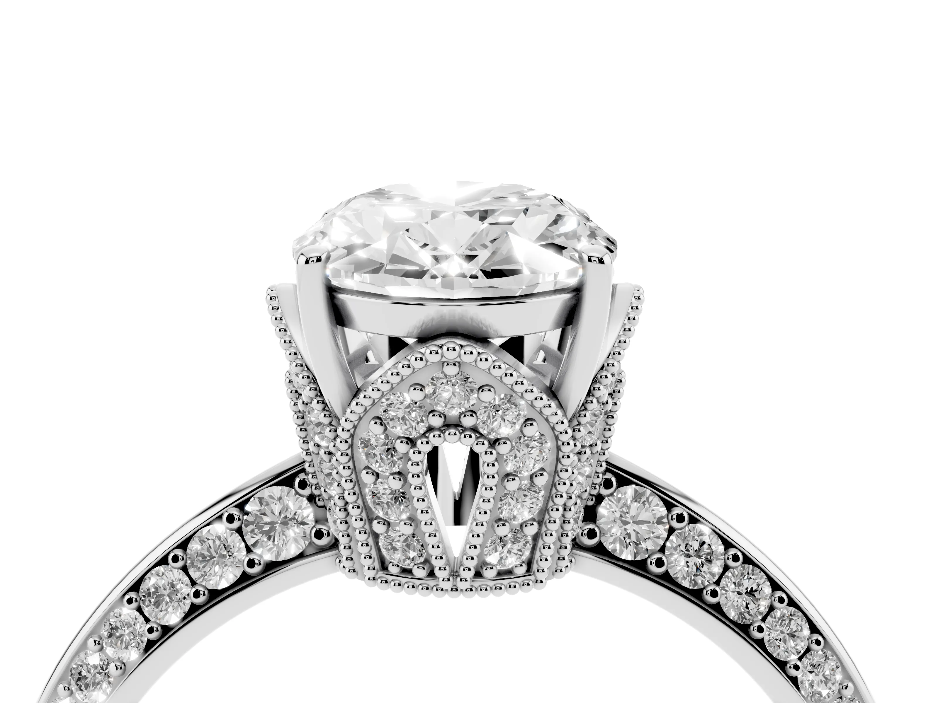 Oval Cut Diamond Solitaire Engagement Ring Set in Platinum with Pavé Split Shank and Prong Setting
