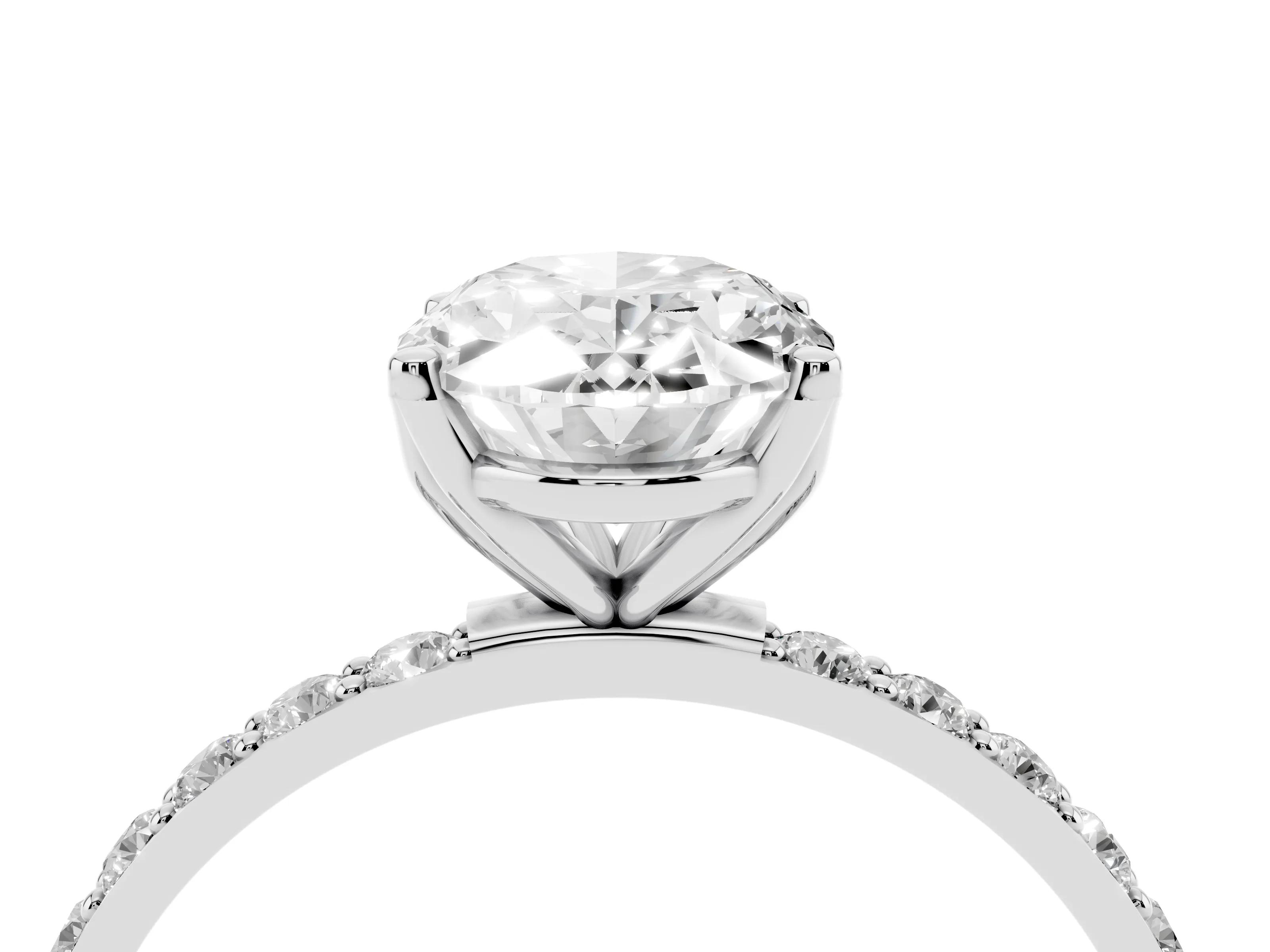 Oval Cut Diamond Solitaire Engagement Ring Set in White gold with Round Pavé Band and Prong Setting