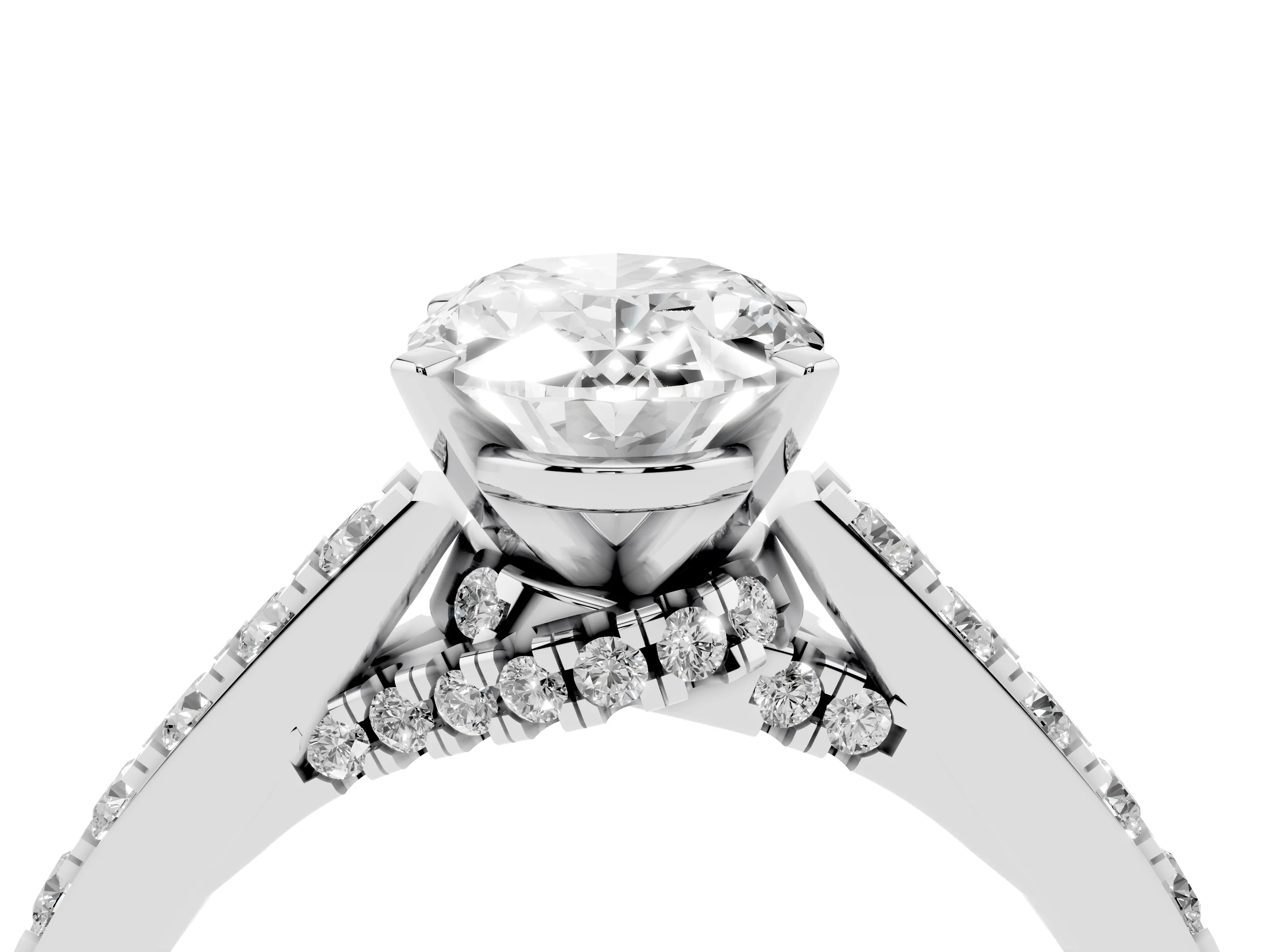 Oval Cut Diamond Solitaire Ring Set in White gold with Crossover Gallery and Round Pavé Band