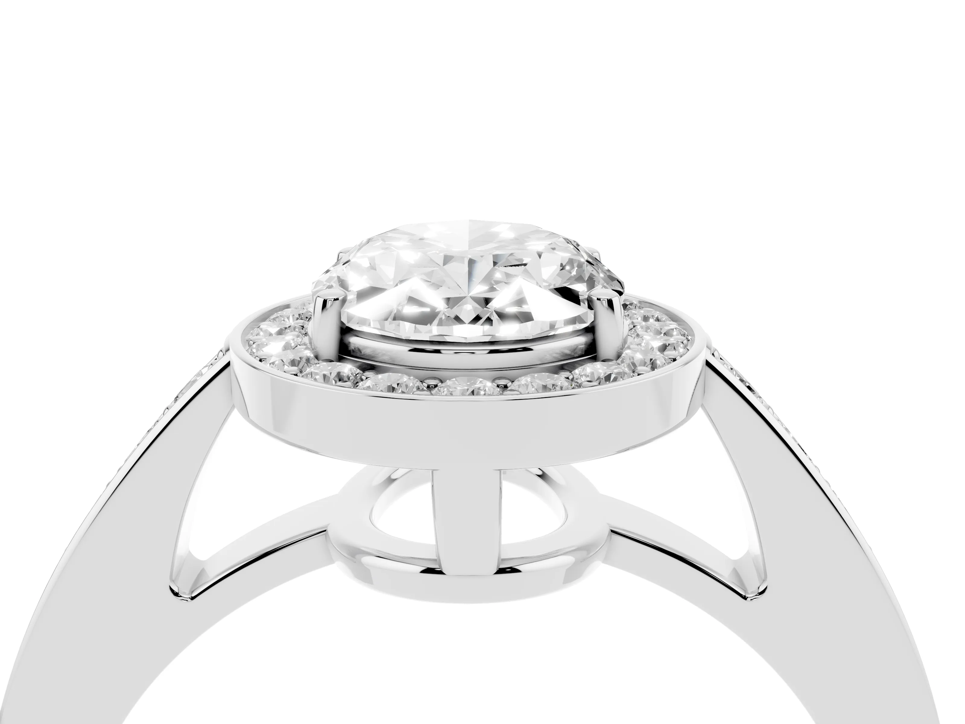 Oval Cut Diamond Halo Pavé Engagement Ring Set in White gold with Bezel Setting