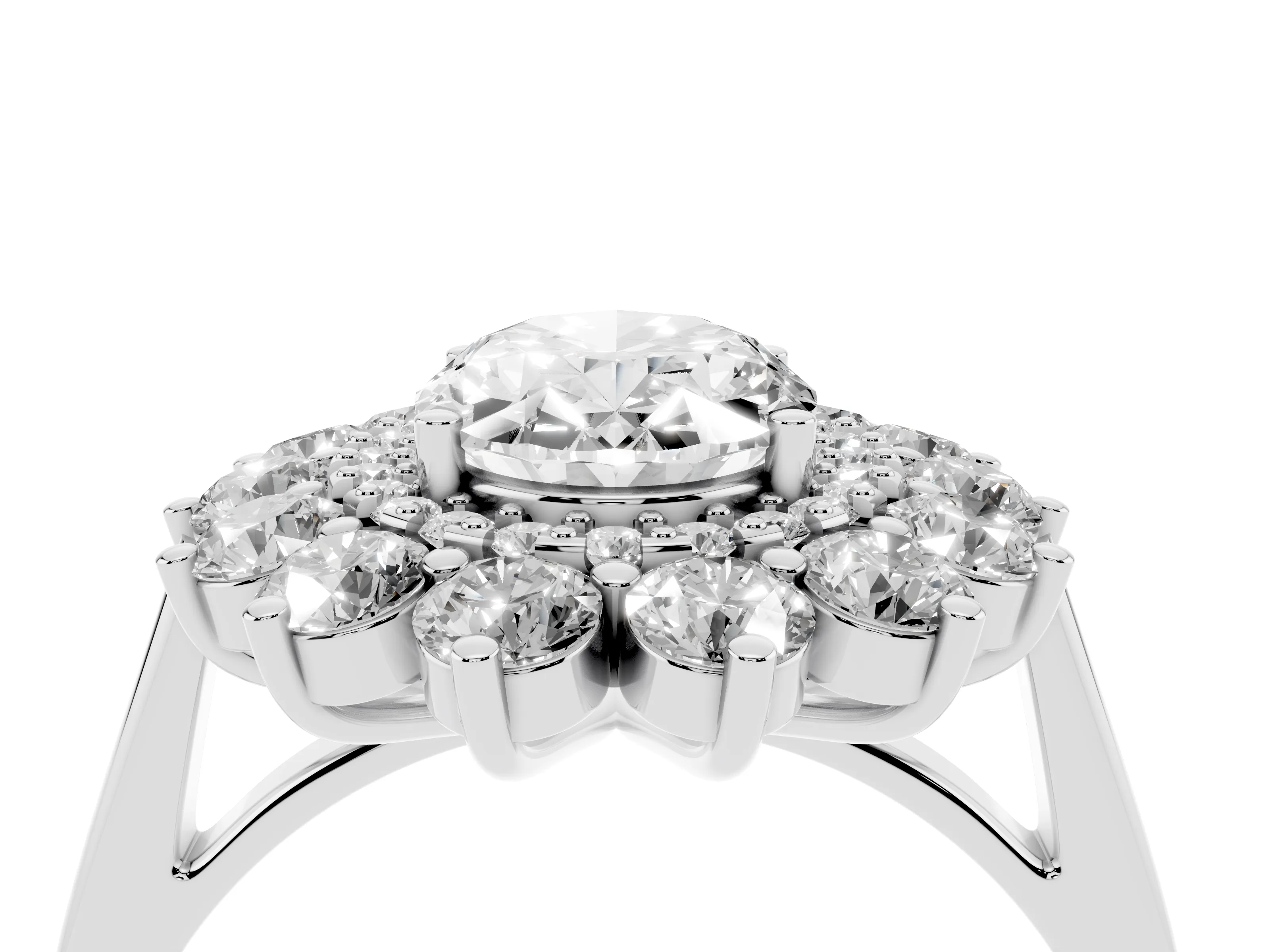 Oval Cut Diamond Floral Double Halo Ring Set in Platinum with Round Petals