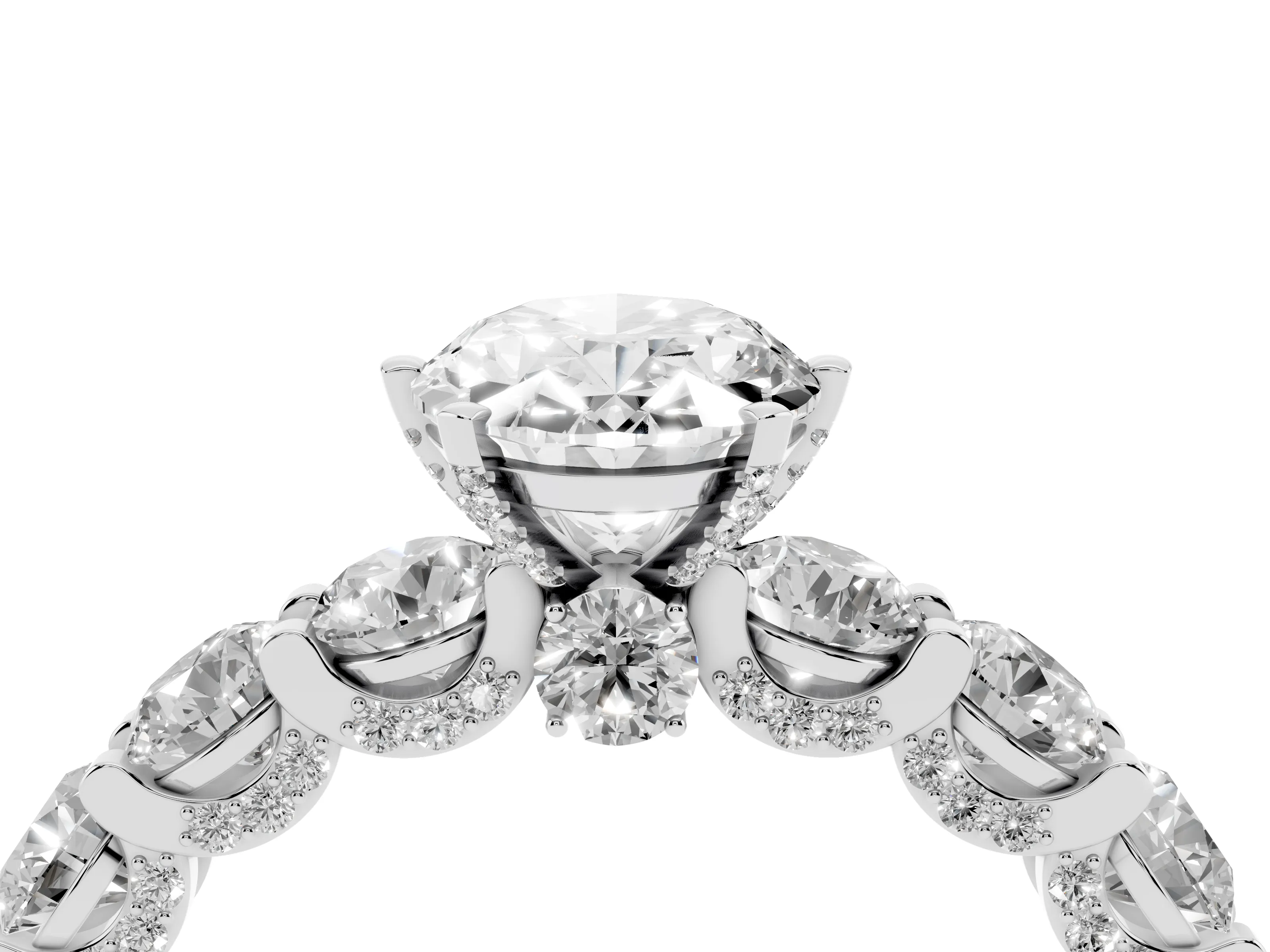 Oval Cut Diamond Side Stone Ring Set in White gold with Alternating Round and Oval Side Stones