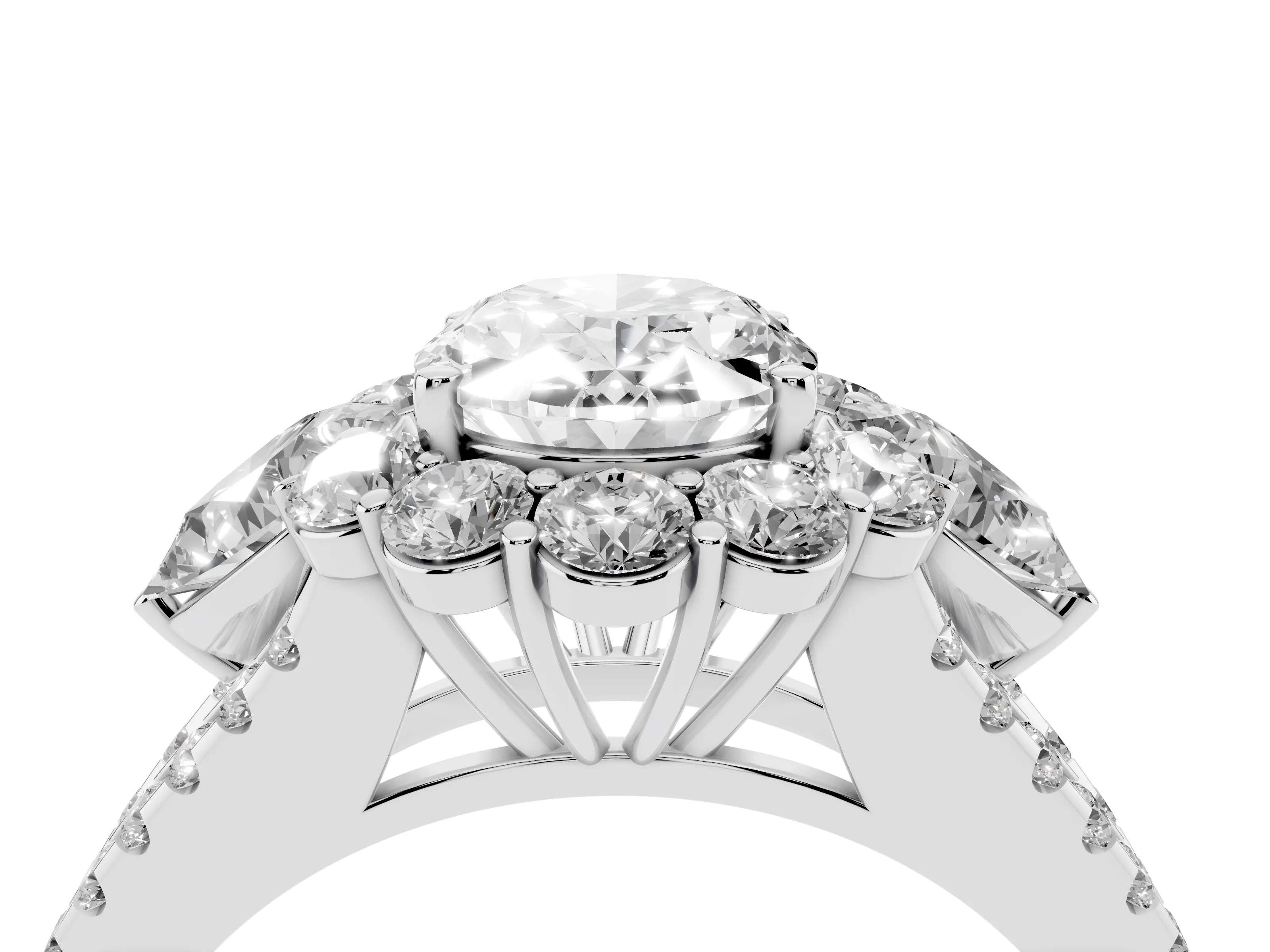 Oval Cut Diamond Halo Split Shank Engagement Ring Set in Silver with Prong-Held Center Stone