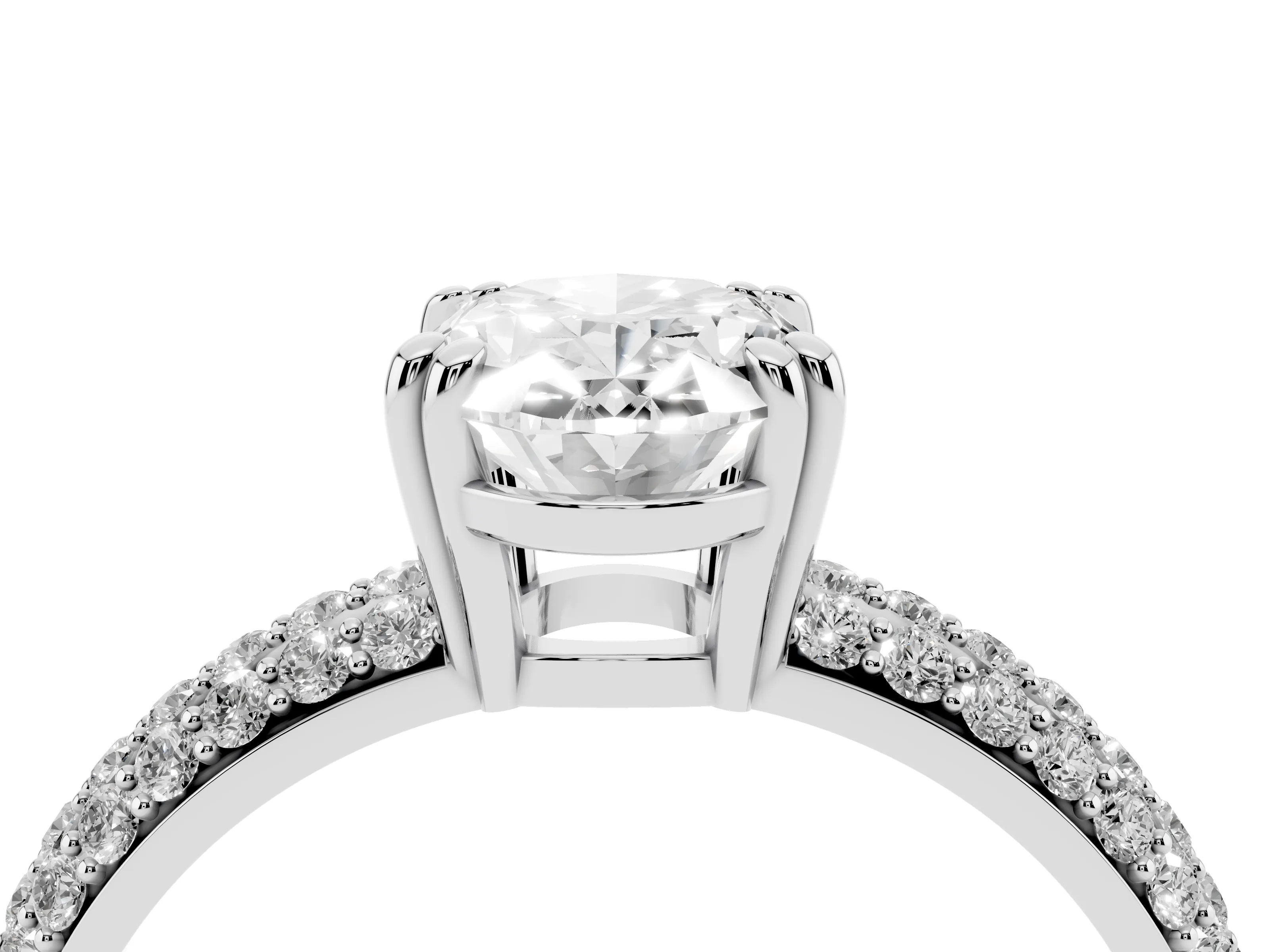 Oval Cut Diamond Solitaire Ring Set in White gold with Multi-Row Round Pavé Band and Prong Setting