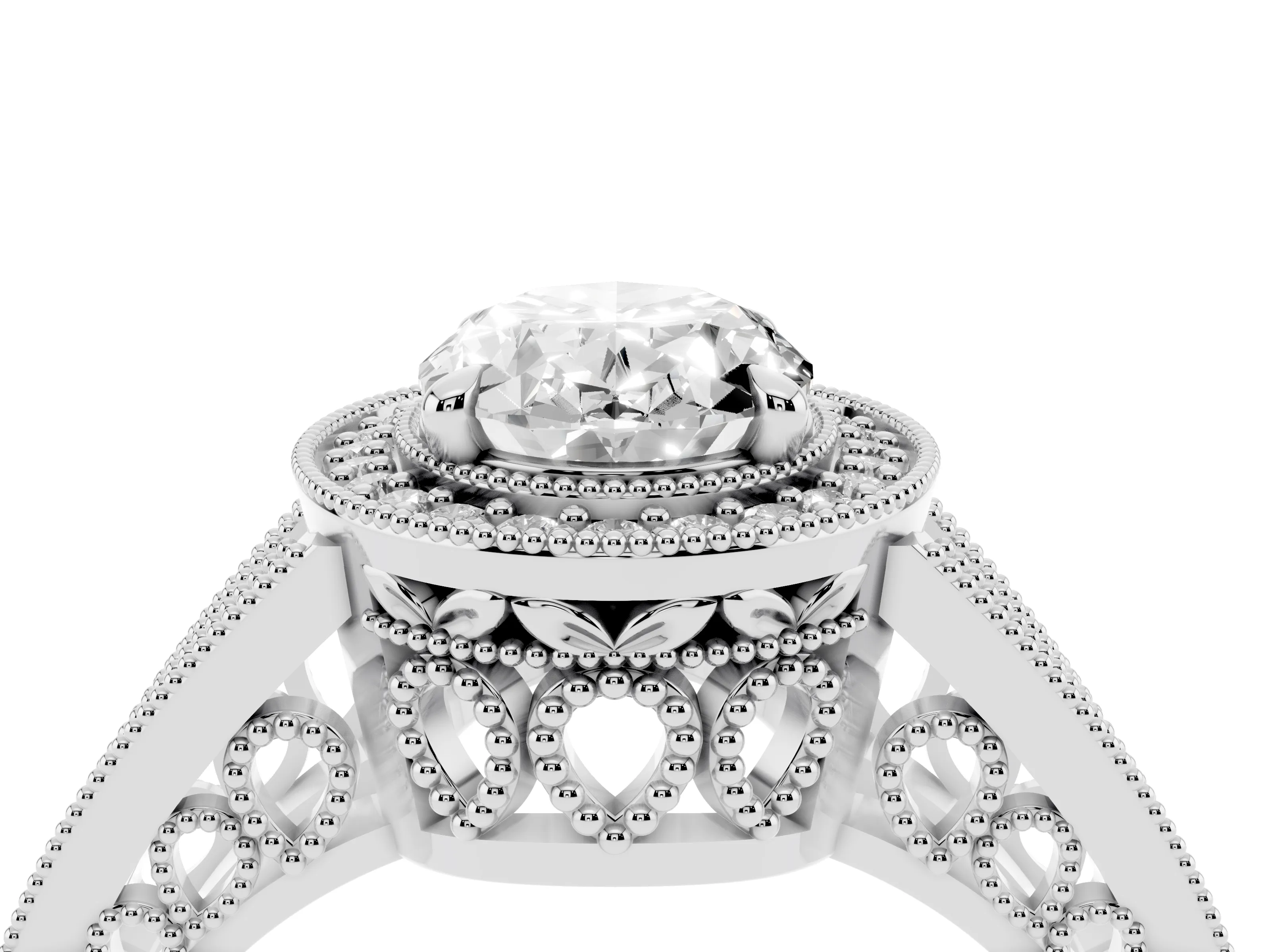 Oval Cut Diamond Halo Ring Set in Platinum with Stone-Set Split Shank and Milgrain Edges