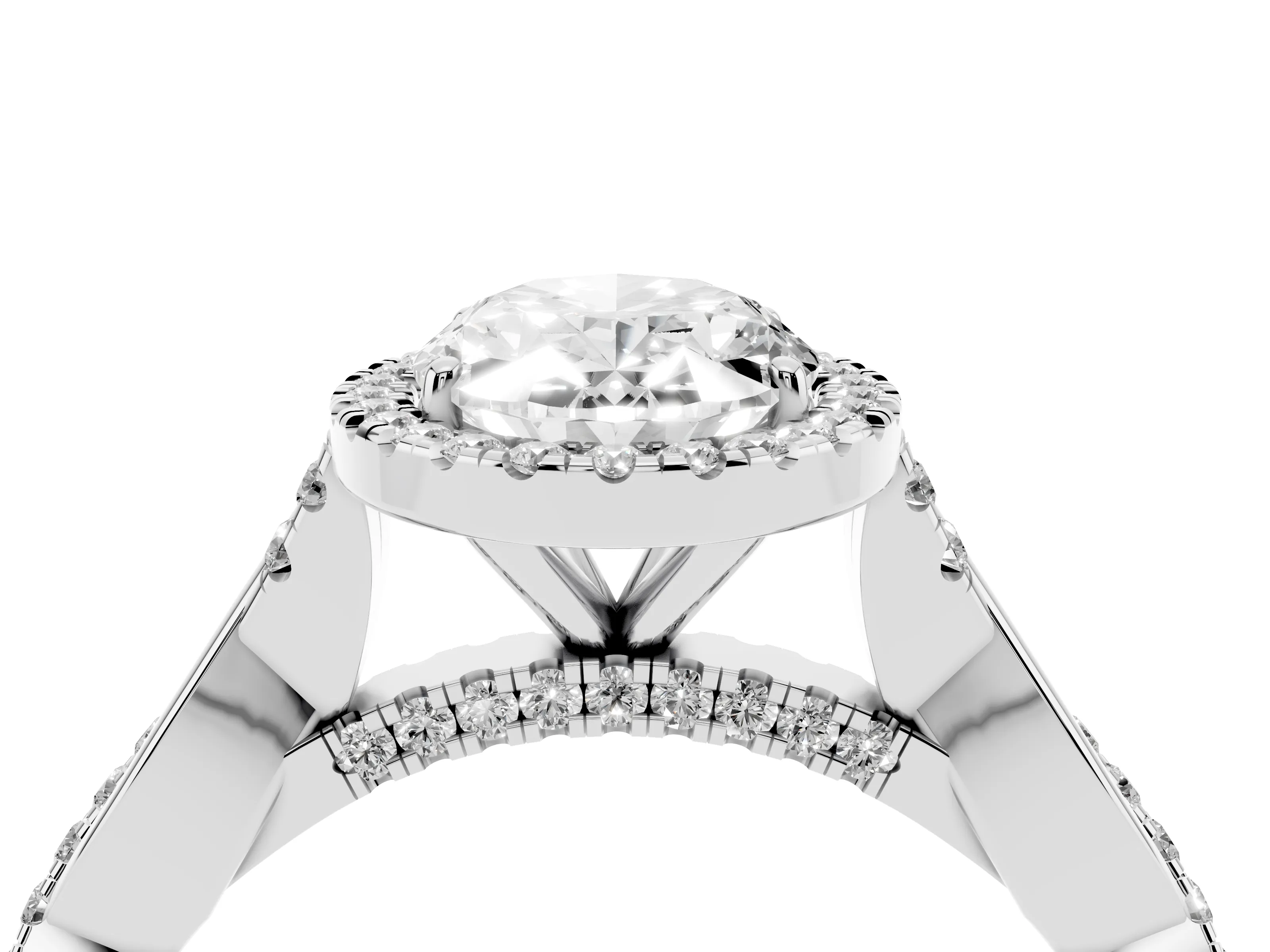 Oval Cut Diamond Halo Twist Band Solitaire Ring Set in White gold with Prong Setting
