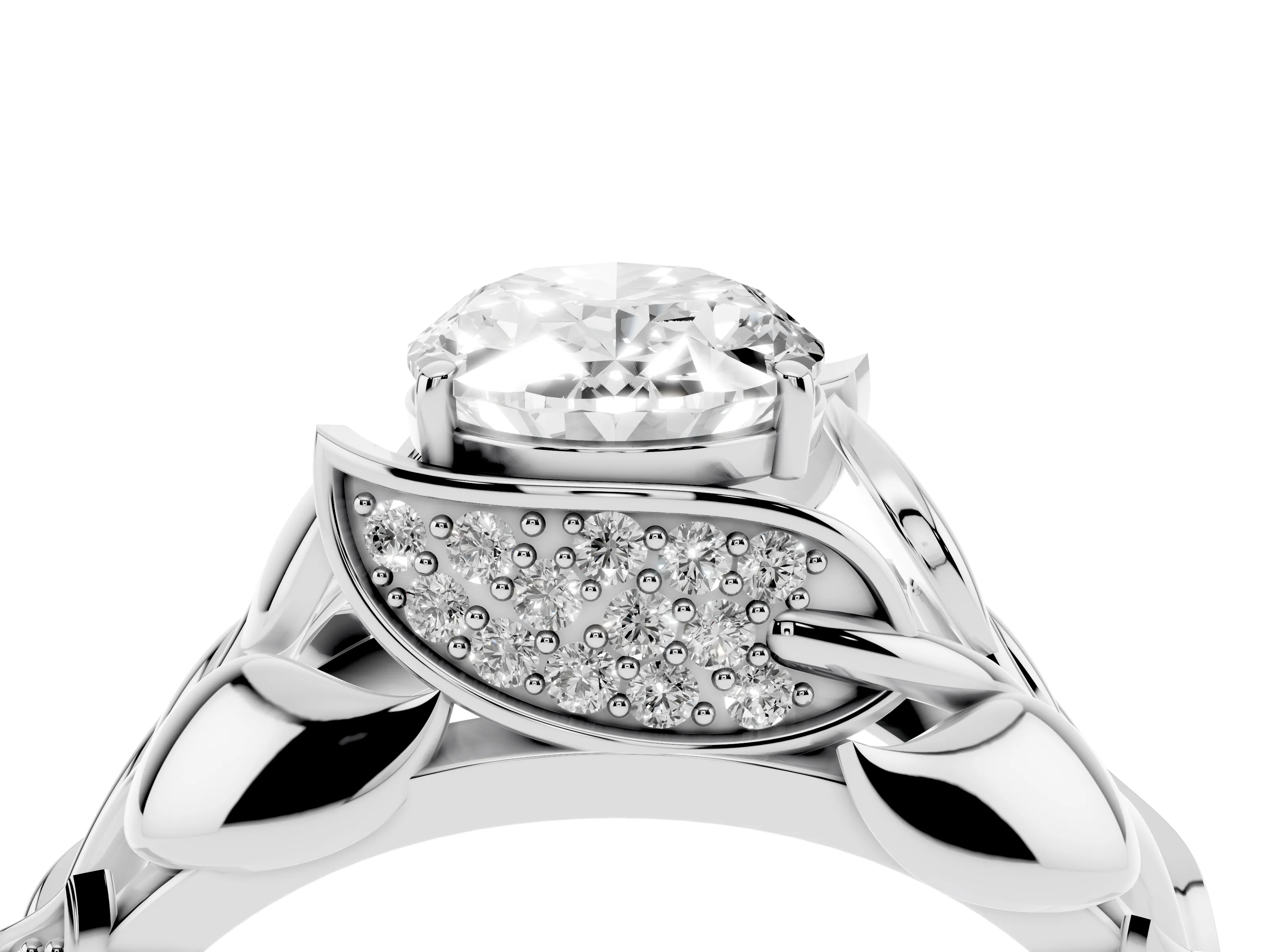 Oval Cut Diamond Leaf-Inspired Engagement Ring Set in White gold with Round Accents