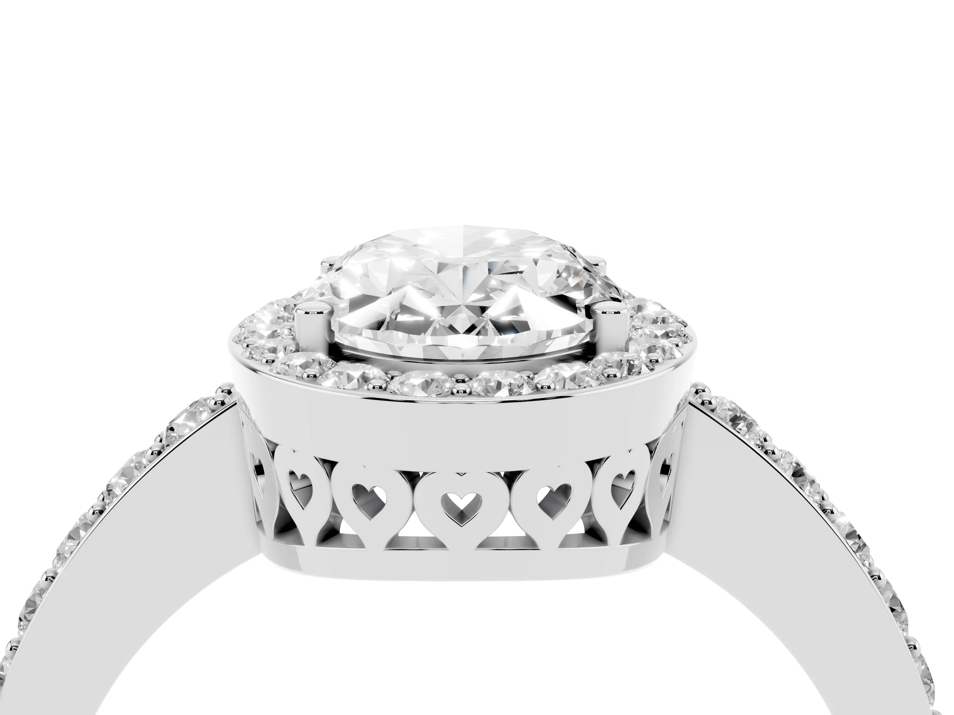 Oval Cut Diamond Halo Ring Set in White gold with Pavé-Setting Band and Open Prong Center