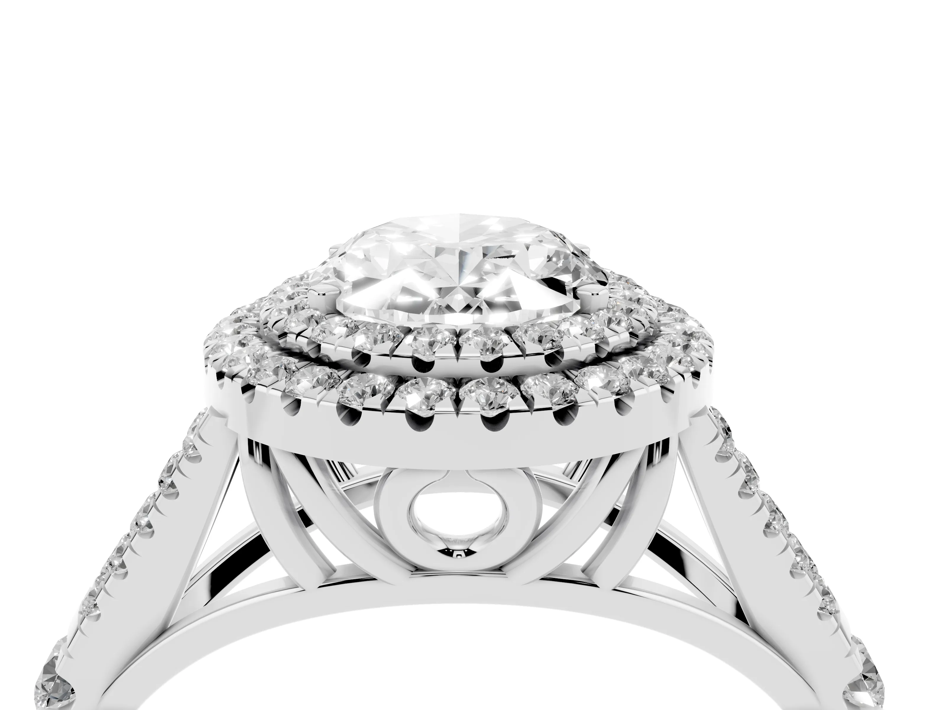 Oval Cut Diamond Pavé Split Shank Double Halo Engagement Ring Set in Silver