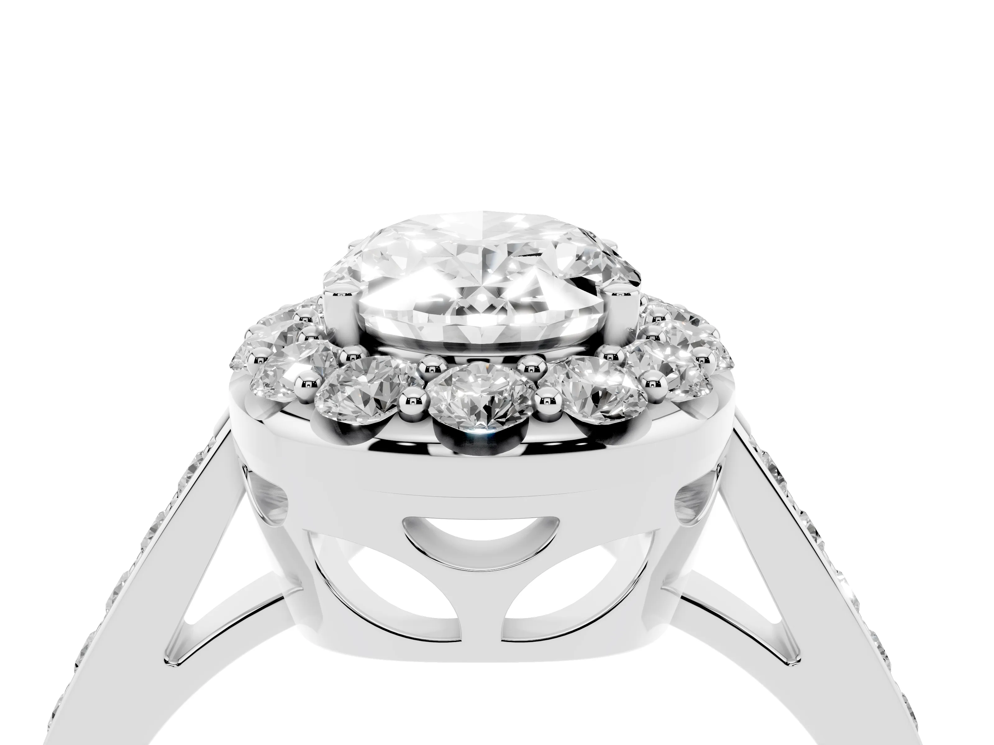 Oval Cut Diamond Floral Halo Ring Set in Platinum with Pavé Band and Prong Setting