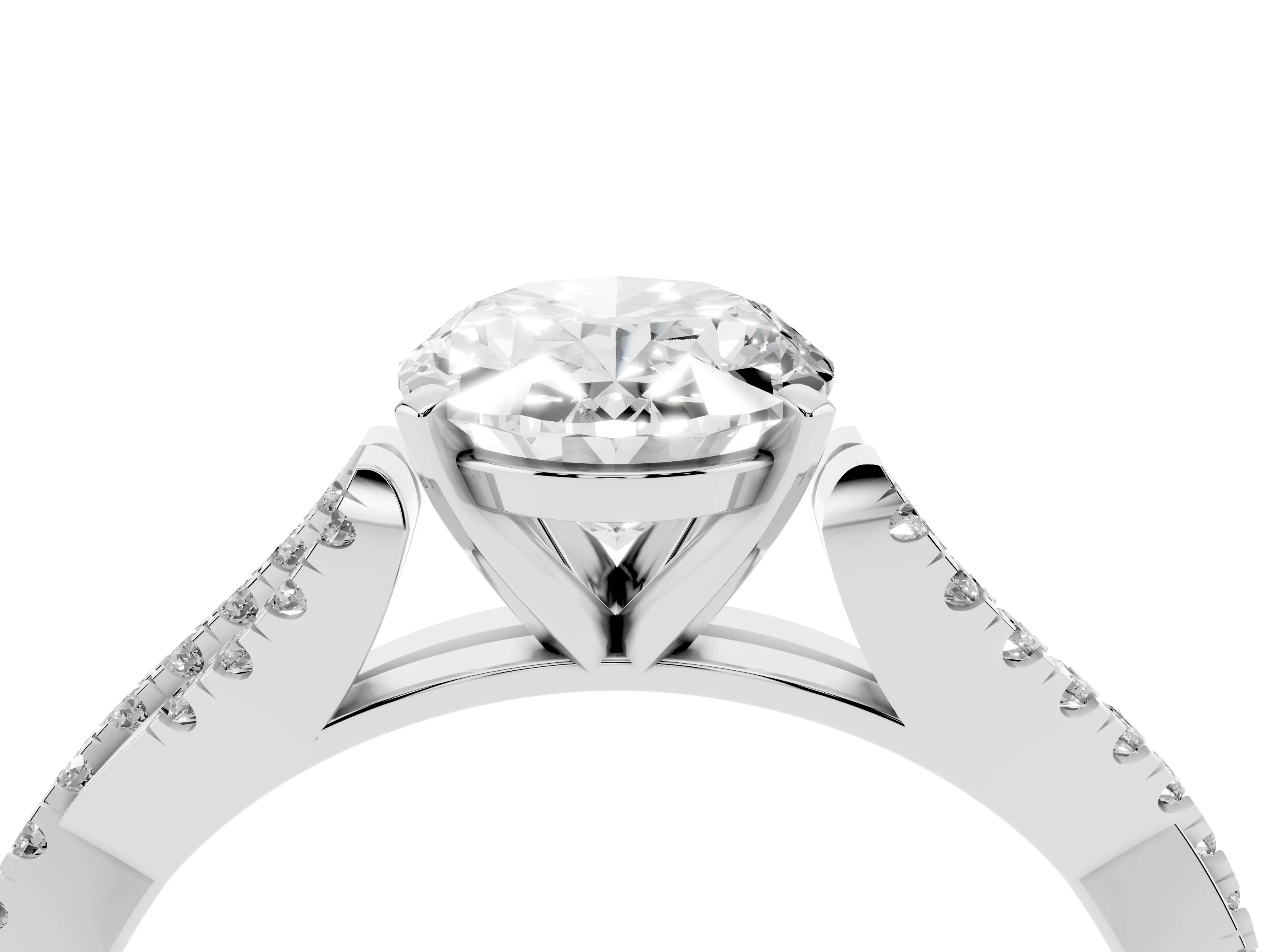 Oval Cut Diamond Solitaire Engagement Ring Set in White gold with Twisted Pavé Band and Prong Setting