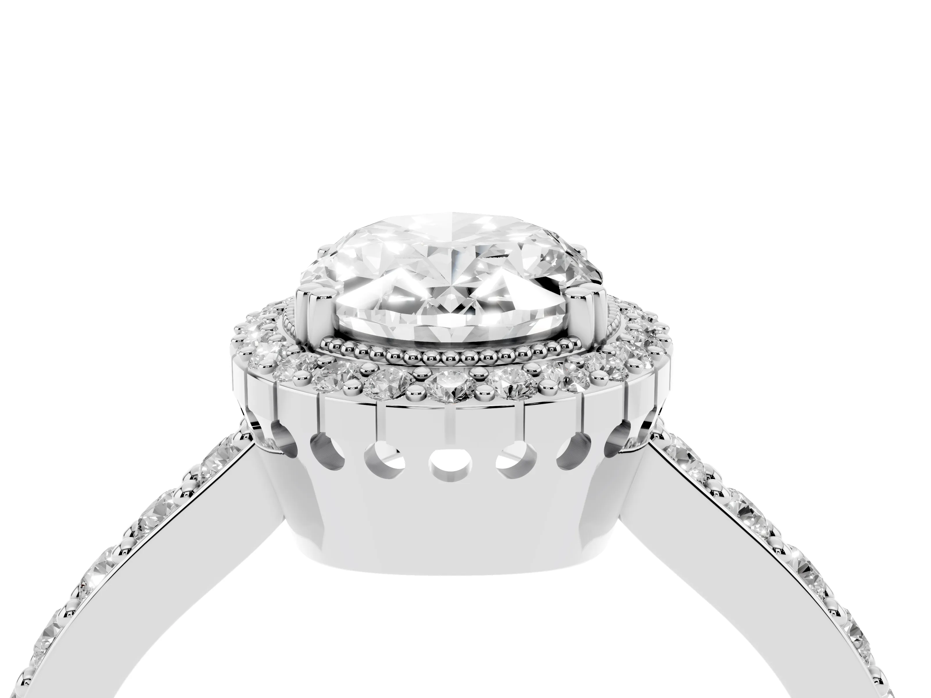 Oval Cut Diamond Halo Engagement Ring Set in Platinum with Milgrain Detail and Pavé Band