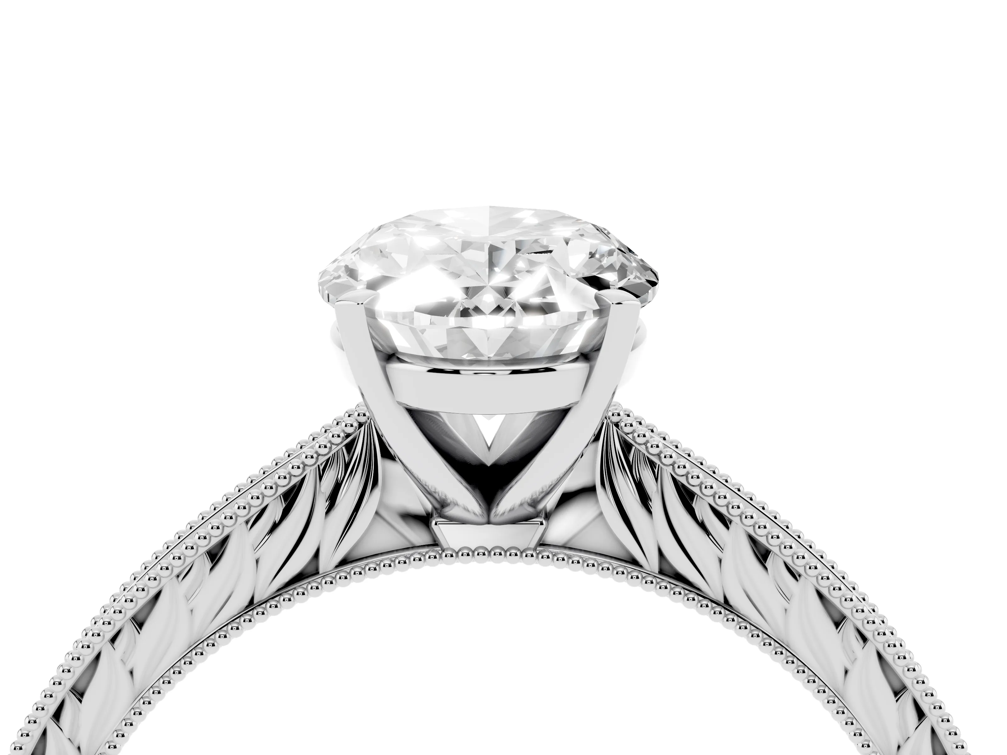 Oval Cut Diamond Solitaire Milgrain Engraved Band Set in Platinum with Prong Setting
