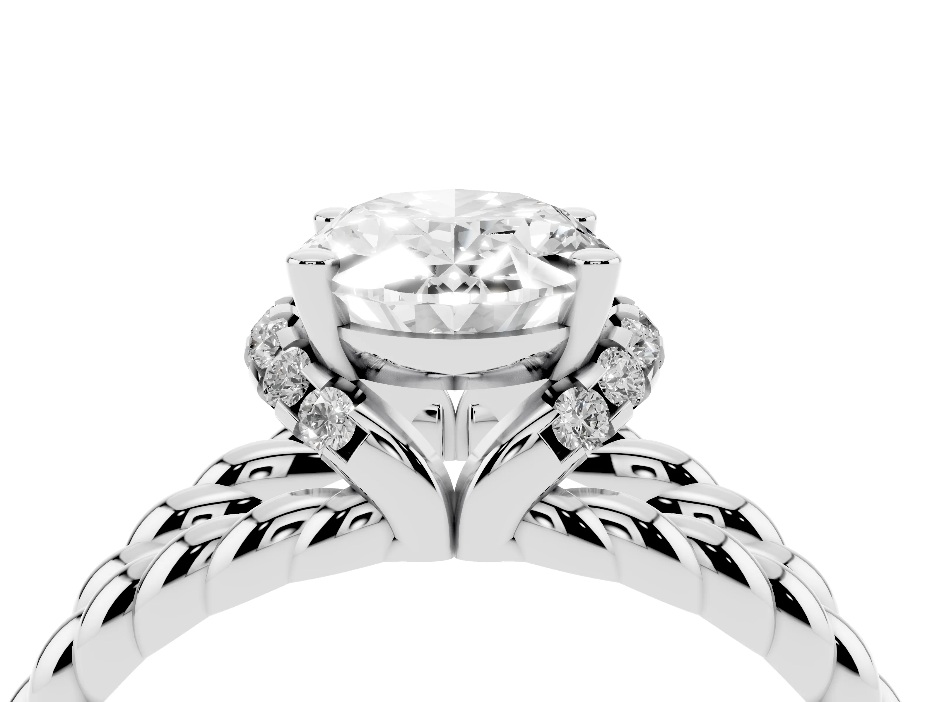 Oval Cut Diamond Halo Ring Set in White gold with Twisted Band and Prong Setting