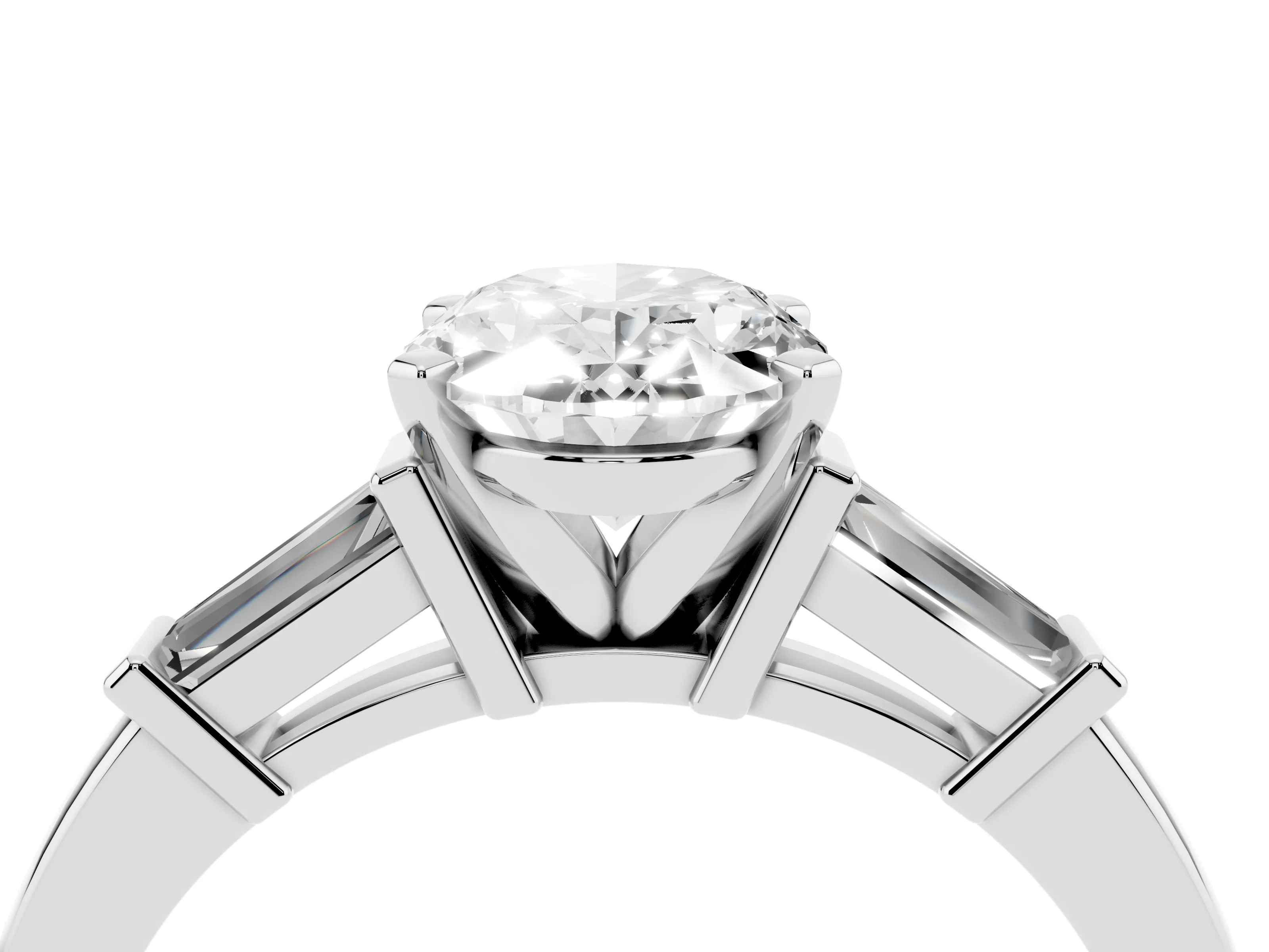Oval Cut Diamond Solitaire Ring Set in White gold with Tapered Baguette Accents and Prong Setting