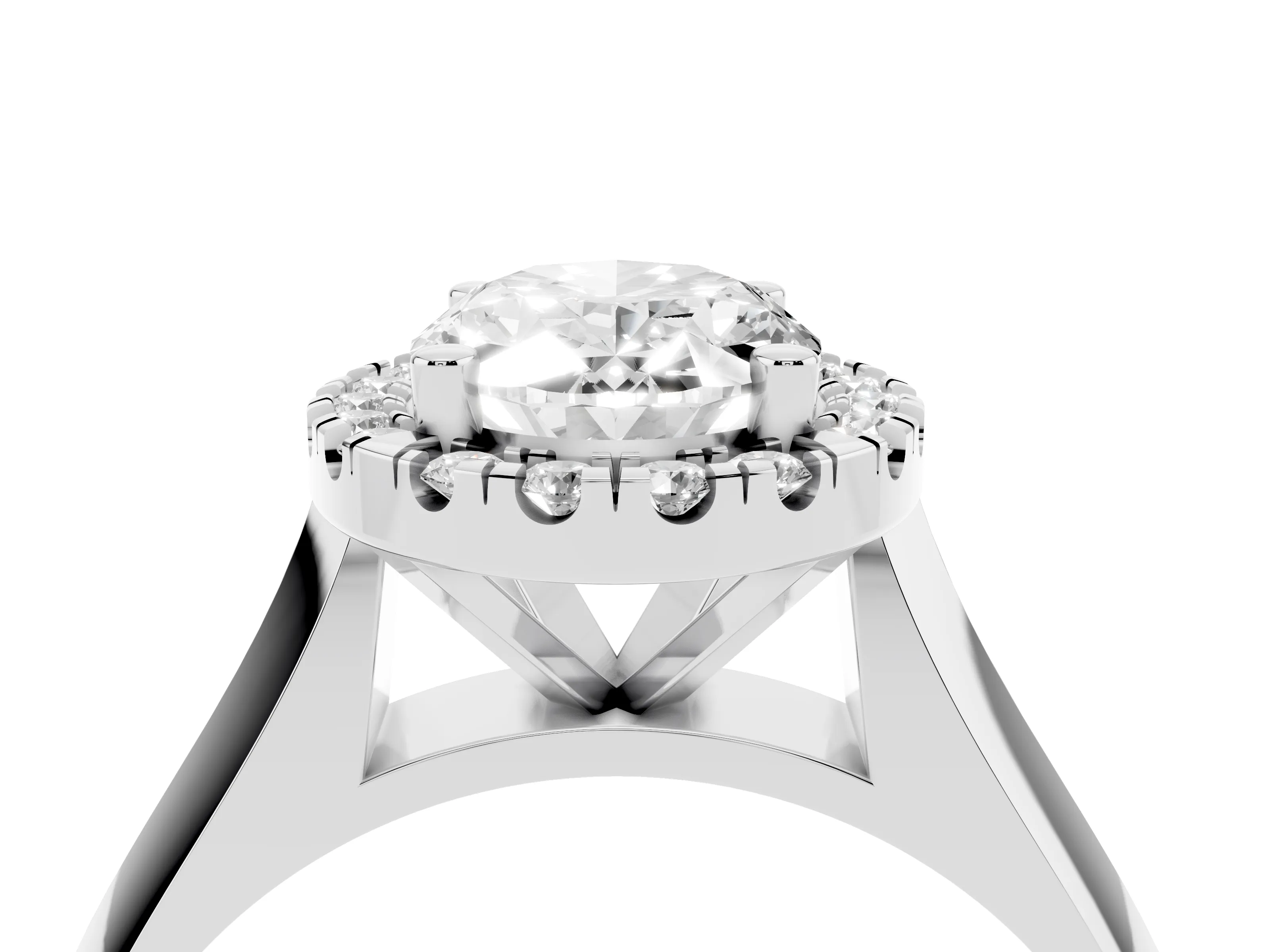 Oval Cut Diamond Halo Solitaire Engagement Ring Set in Silver with Square Band and Prong Setting
