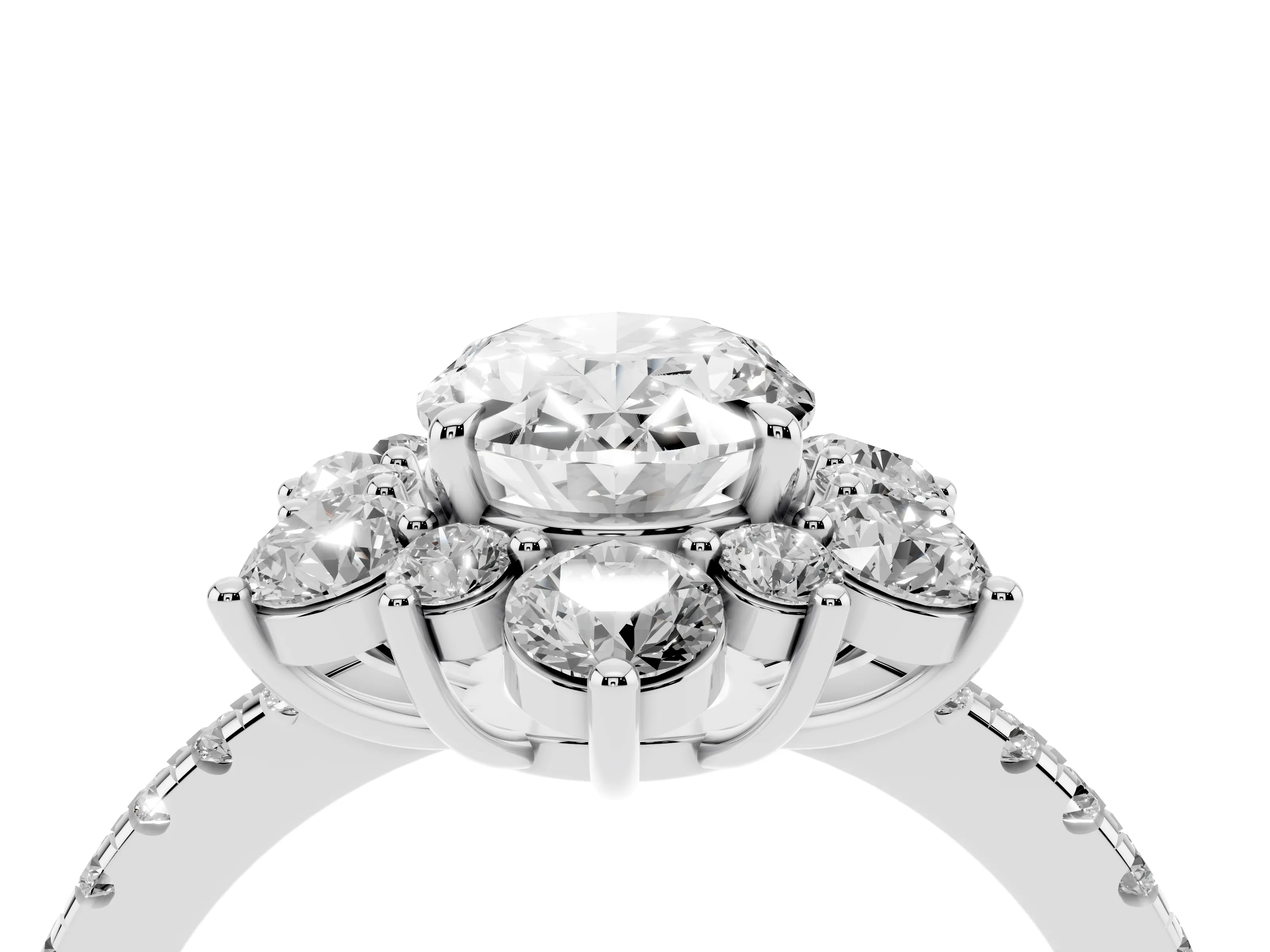 Oval Cut Diamond Floral Halo Ring Set in White gold with Round Pavé Band and Prong Setting