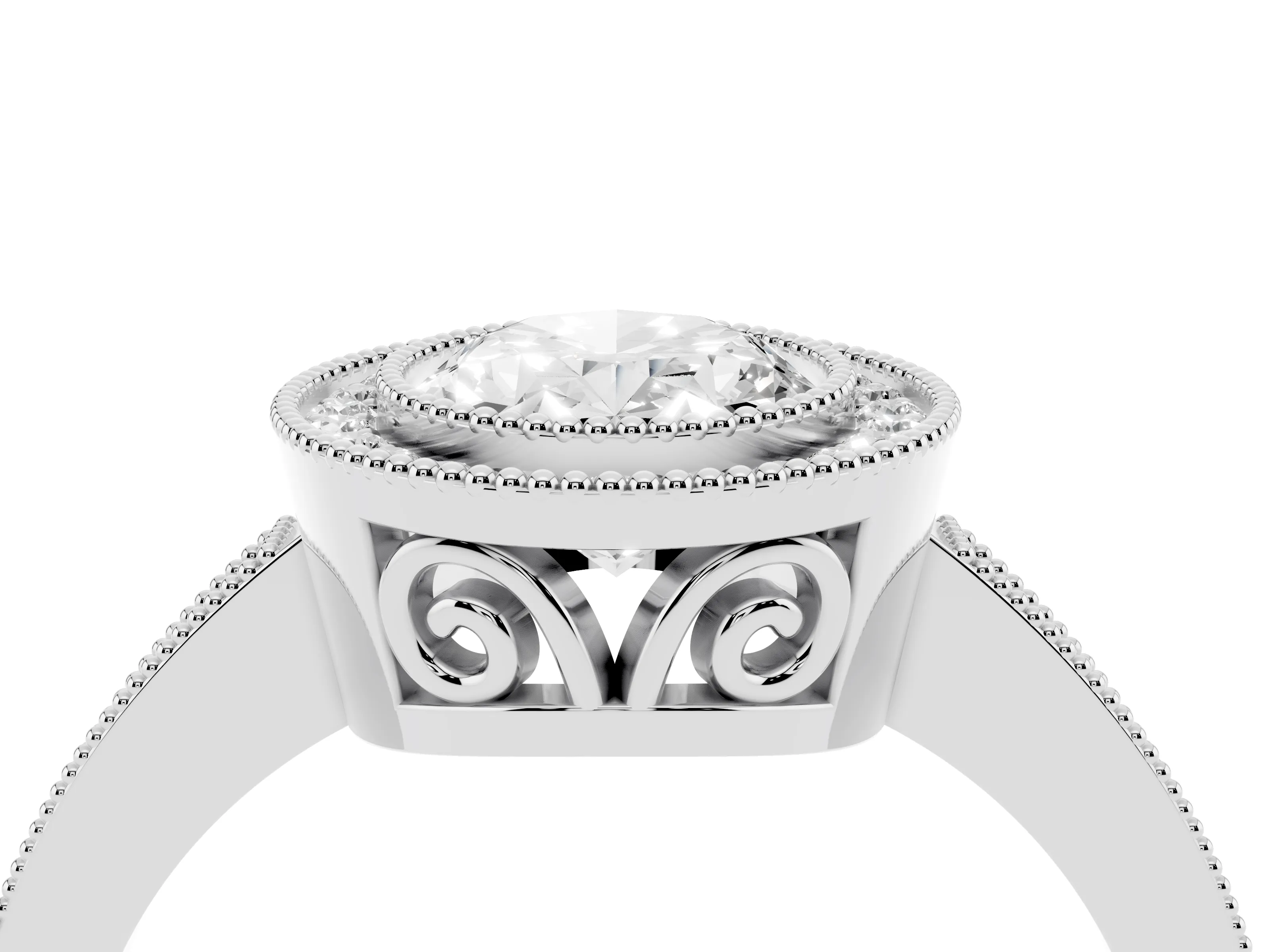 Oval Cut Diamond Halo Ring Set in Platinum with Pavé Band and Milgrain-Edged Prongs
