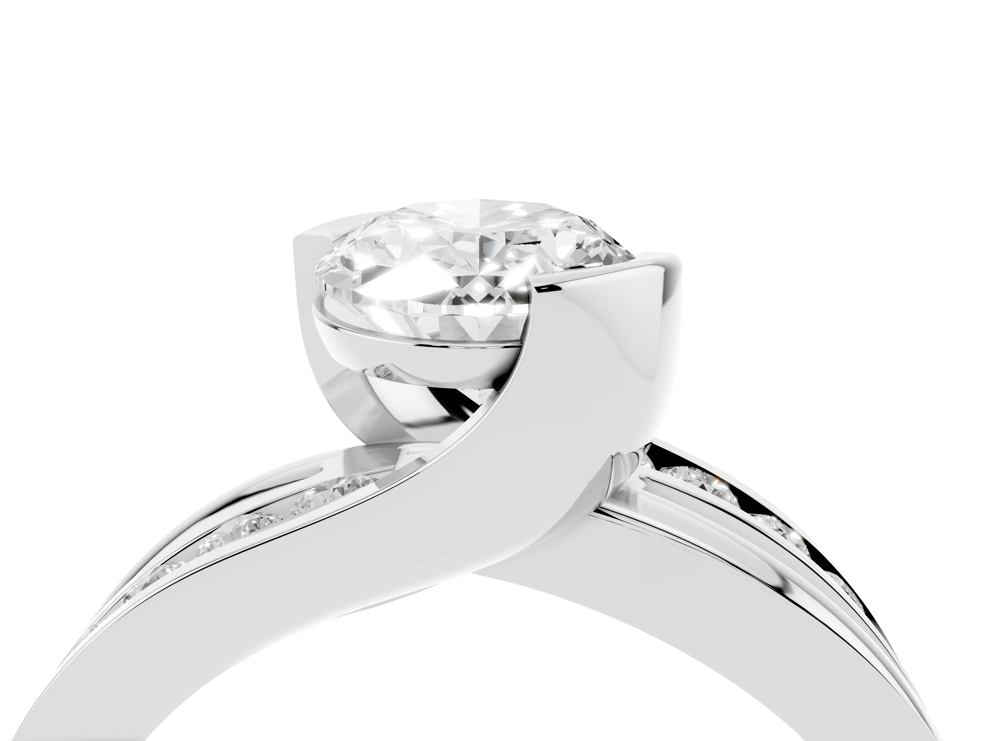 Oval Cut Diamond Solitaire Ring Set in Platinum with Channel Set Split Shank and Tension Prongs