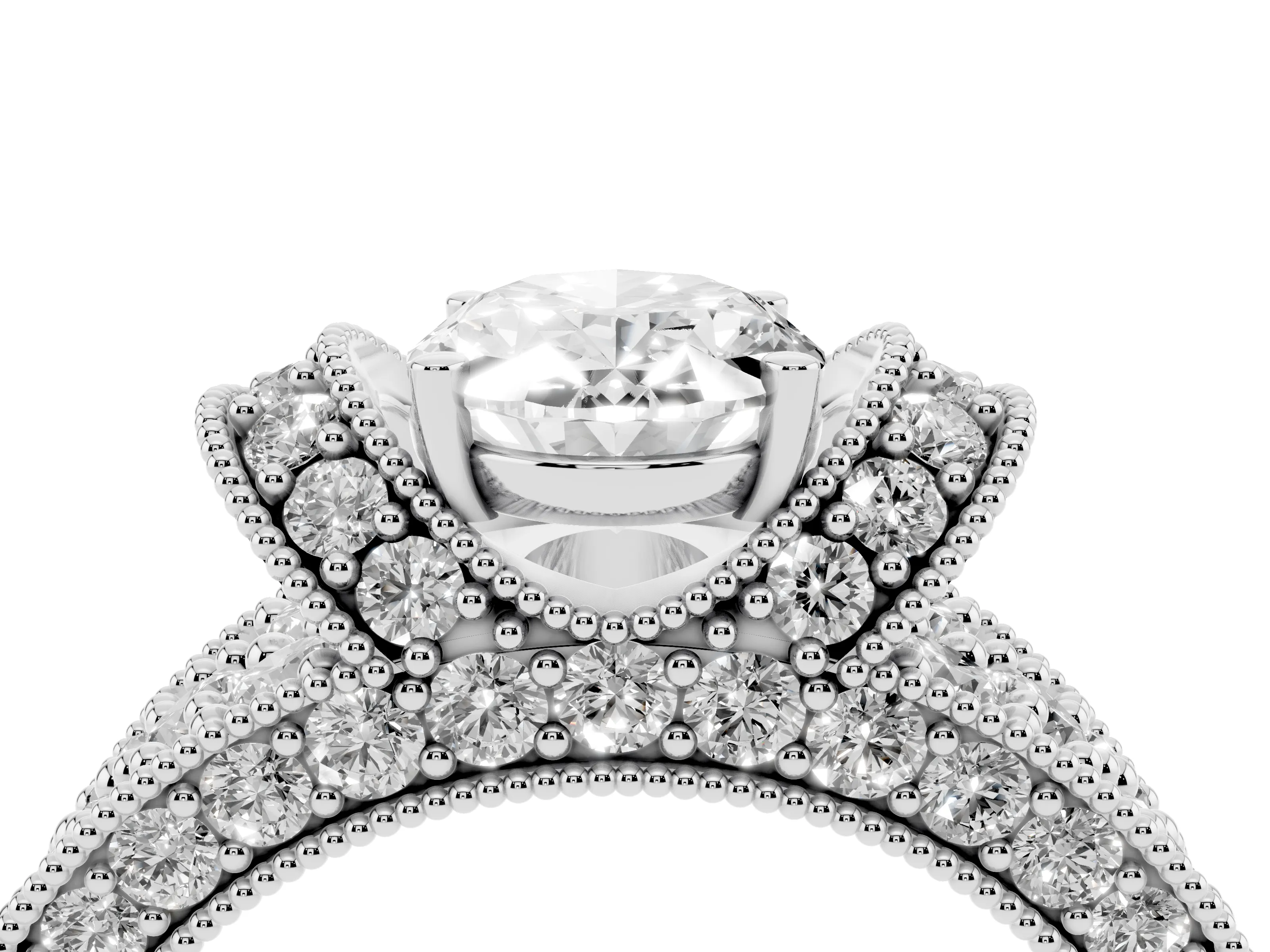 Oval Cut Diamond Milgrain Halo Pavé Engagement Ring Set in Platinum with Prong Setting