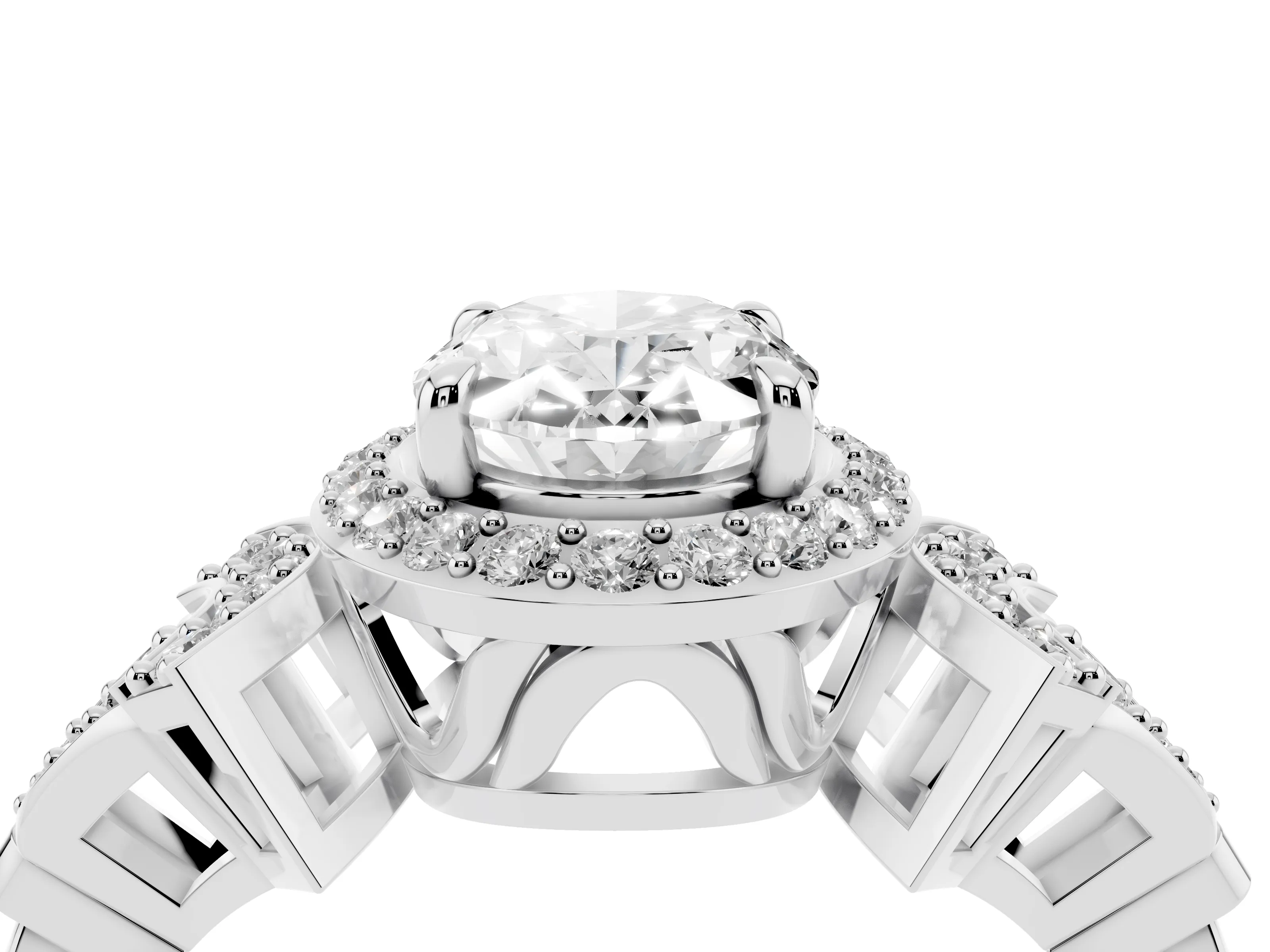 Oval Cut Diamond Halo Engagement Ring Set in Silver with Accent Stone Split Shank