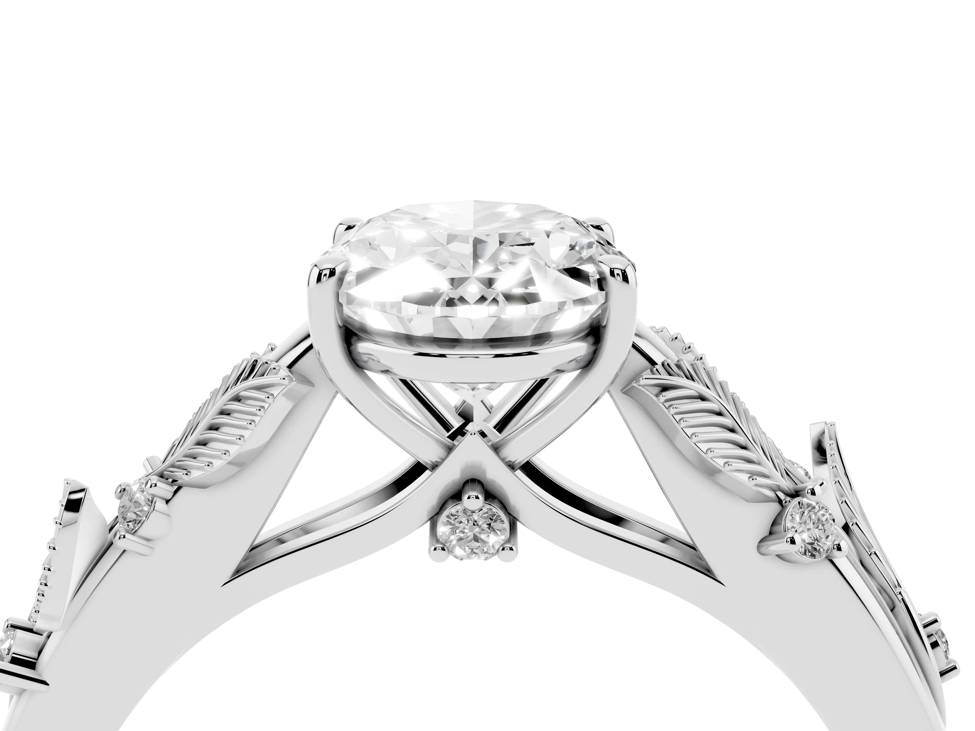 Oval Cut Diamond Solitaire Ring Set in White gold with Leaf Motif Band