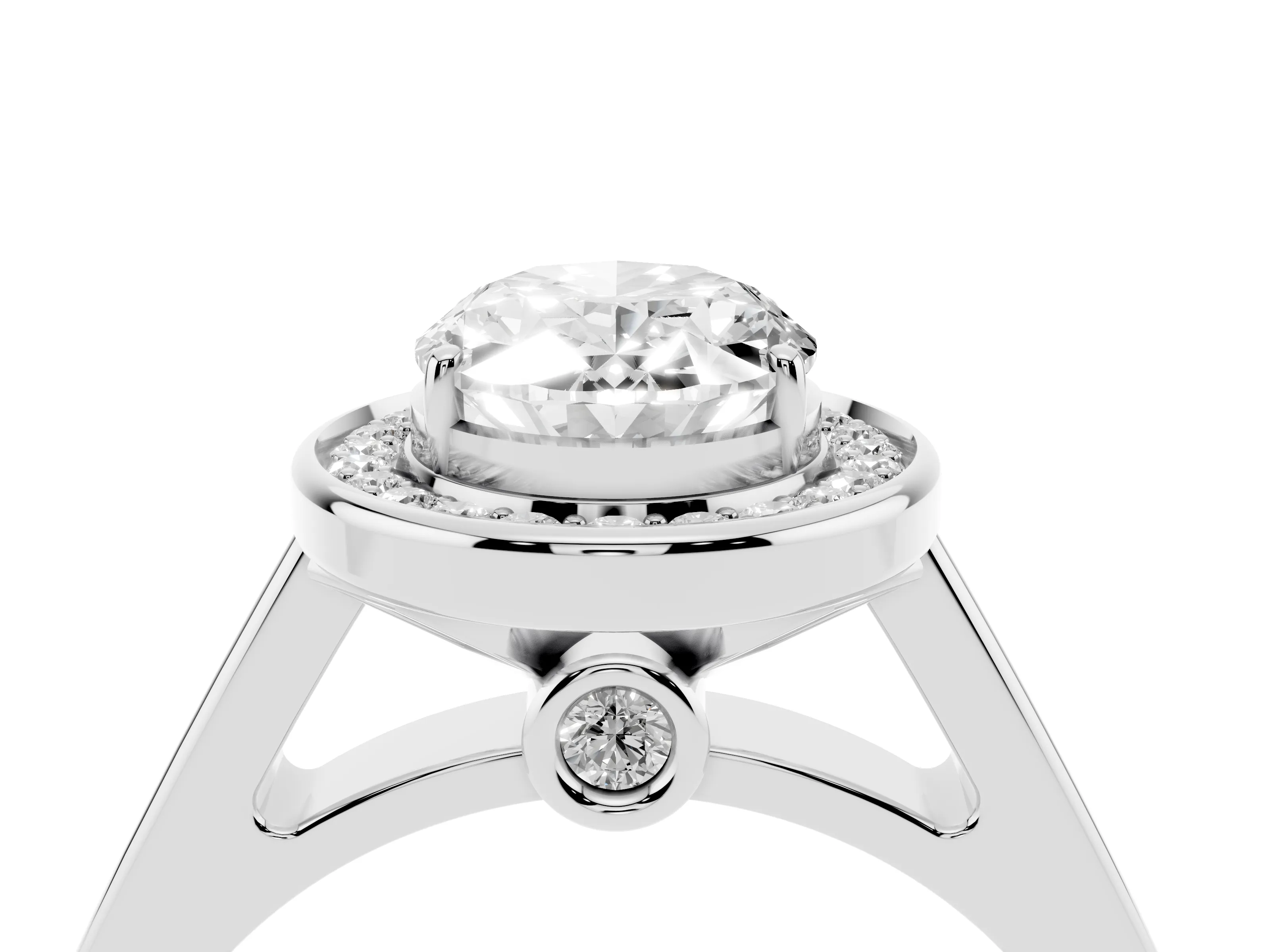 Oval Cut Diamond Halo Solitaire Ring Set in Platinum with Pavé Band and Bezel Setting