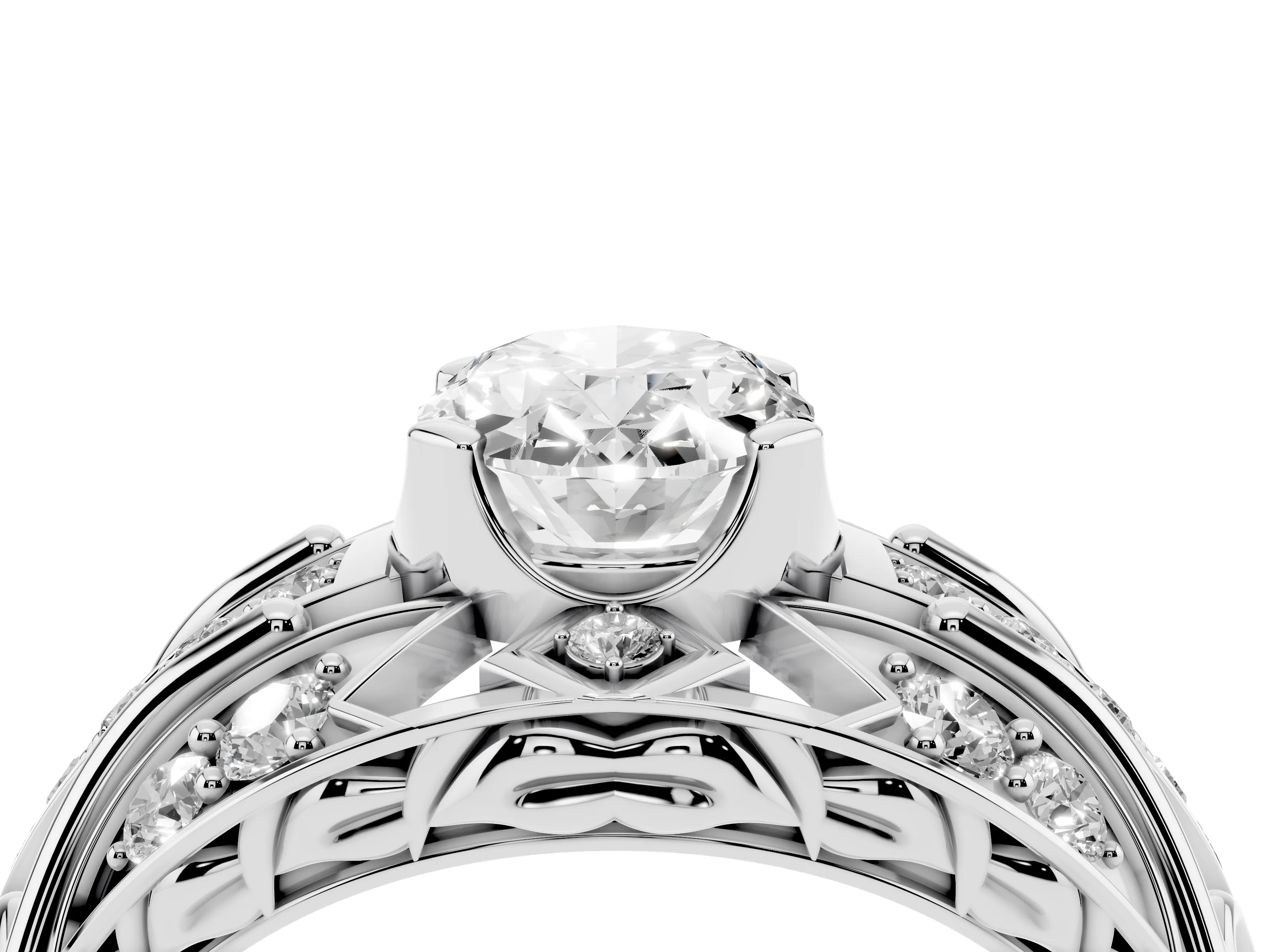 Oval Cut Diamond Art Deco Ring Set in Silver with Pavé Split Shank