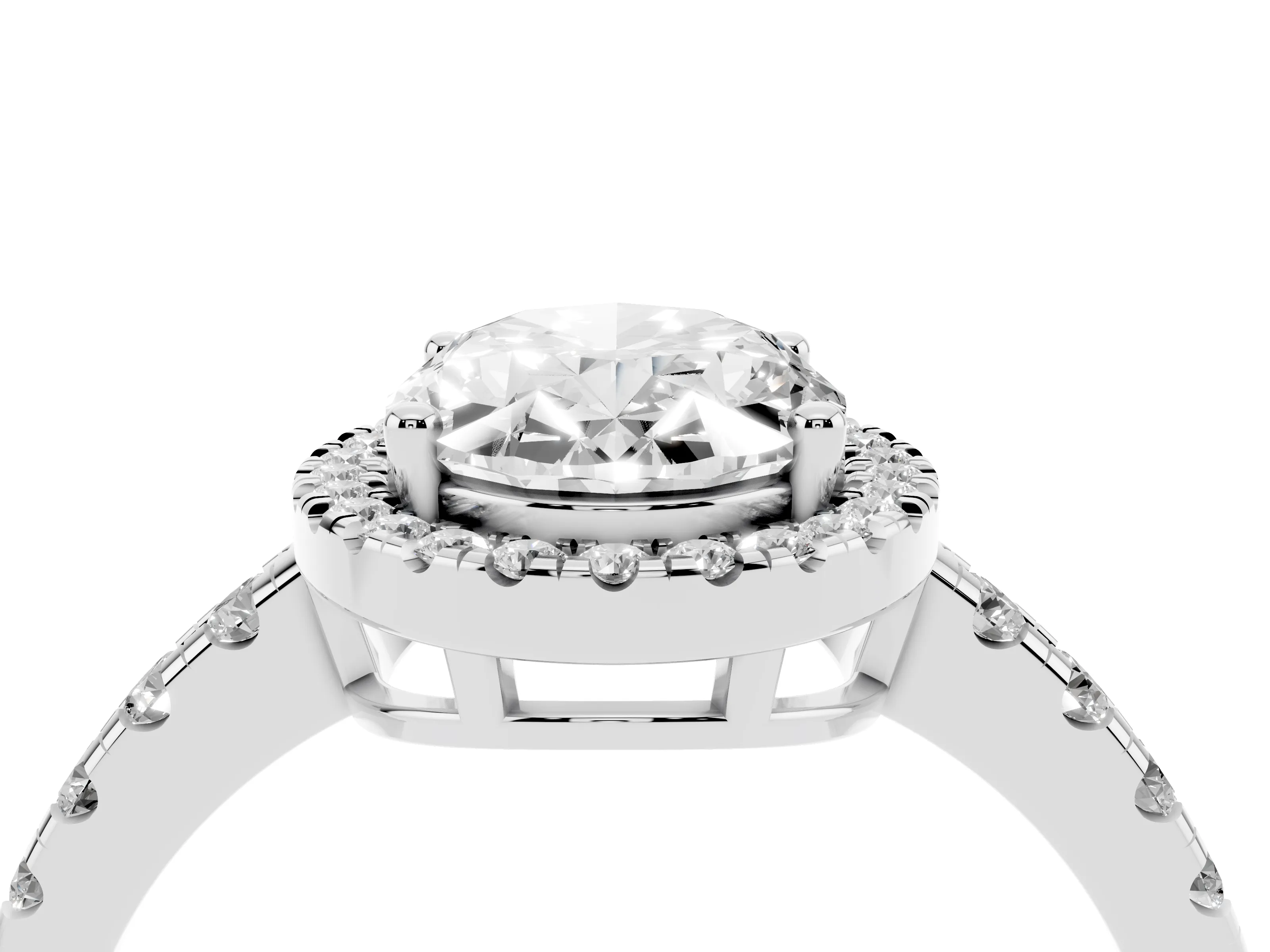 Oval Cut Diamond Halo Ring Set in White gold with Delicate Pavé Band and Prong Setting