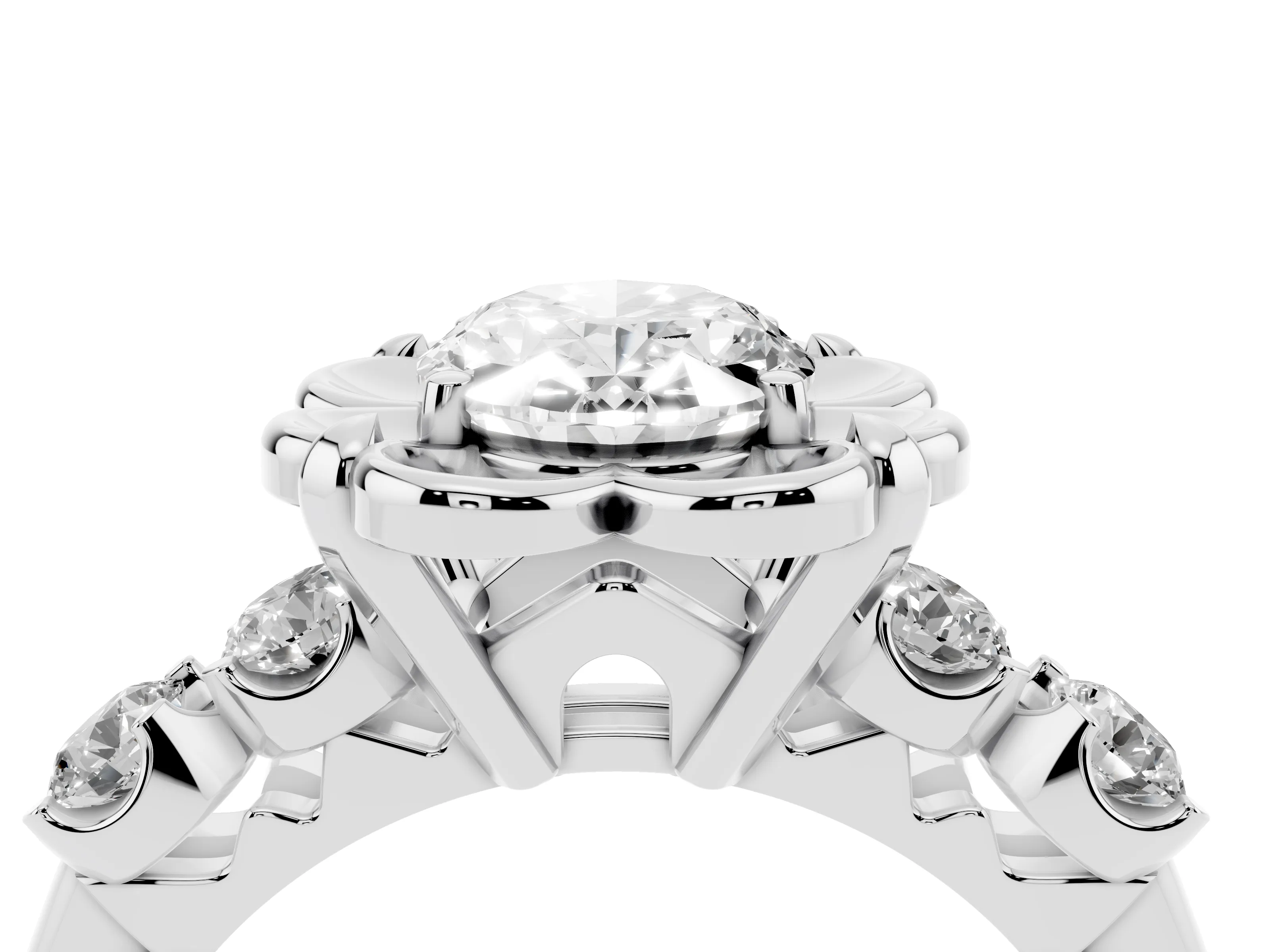 Oval Cut Diamond Floral Halo Ring Set in Silver with Shared Prong Band