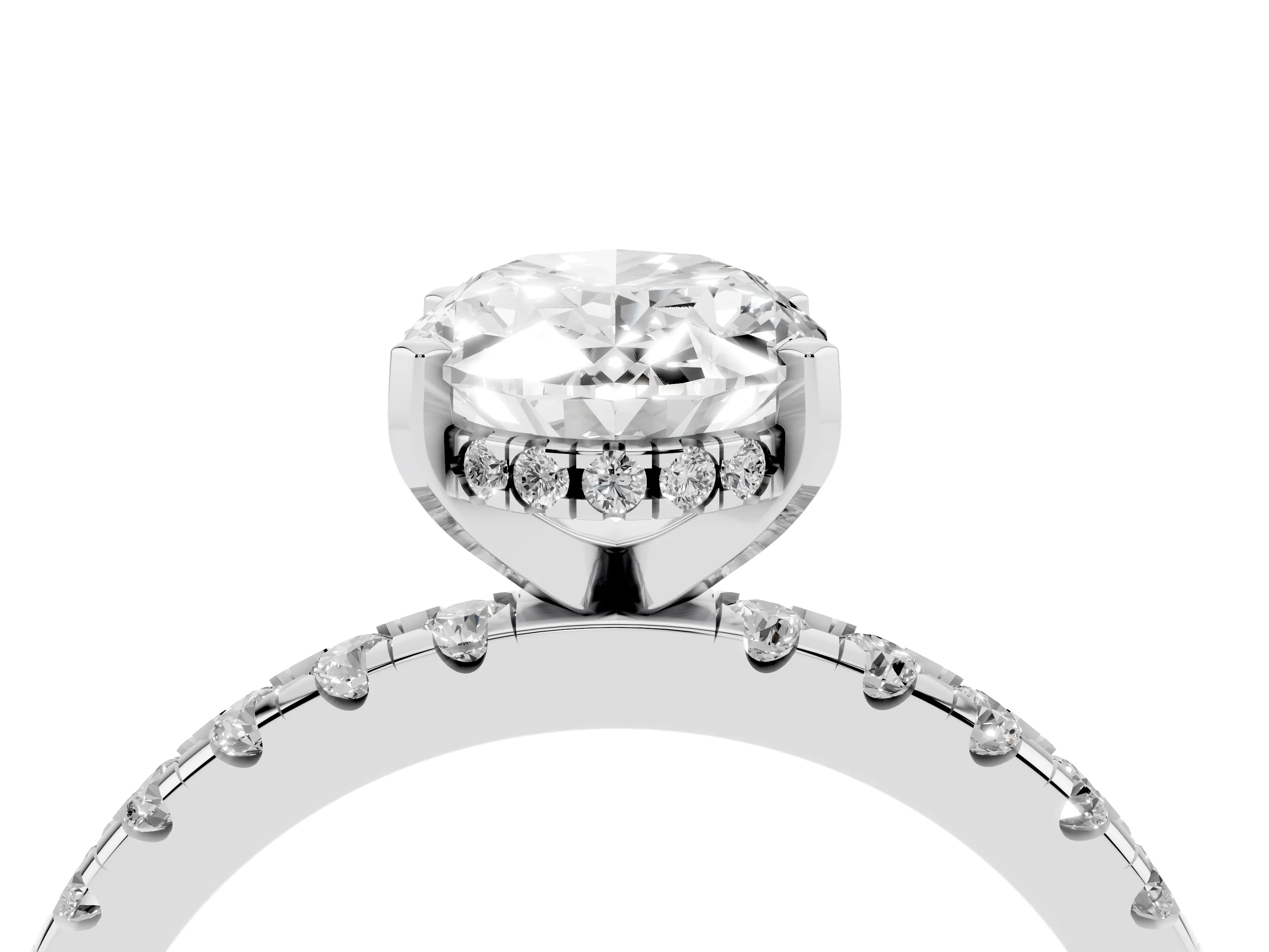 Oval Cut Diamond Pavé Solitaire Ring Set in Platinum with Round Band Accents and Prong Setting