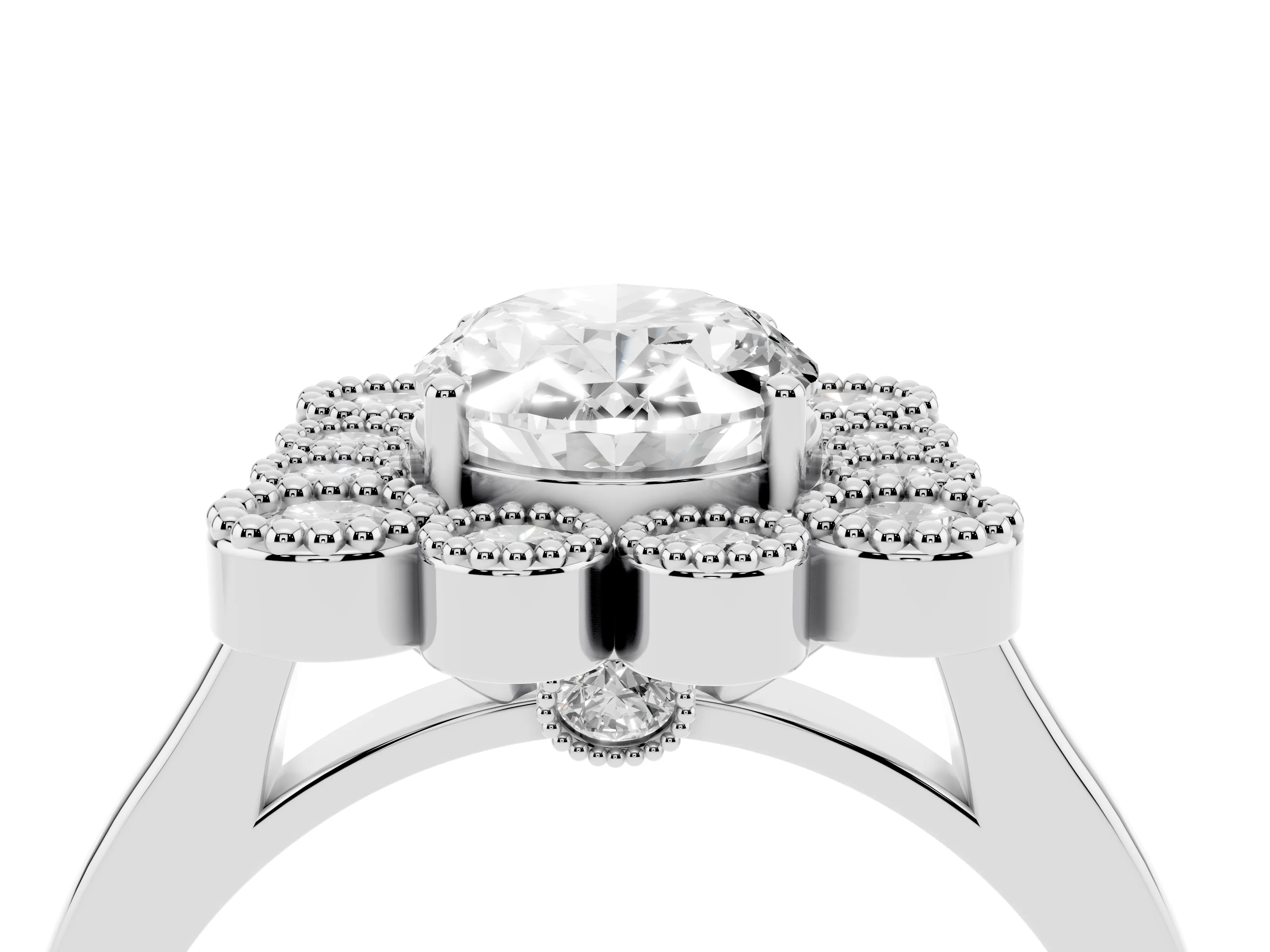 Oval Cut Diamond Cluster Halo Ring Set in White gold with Milgrain Bezel Accents and Plain Band