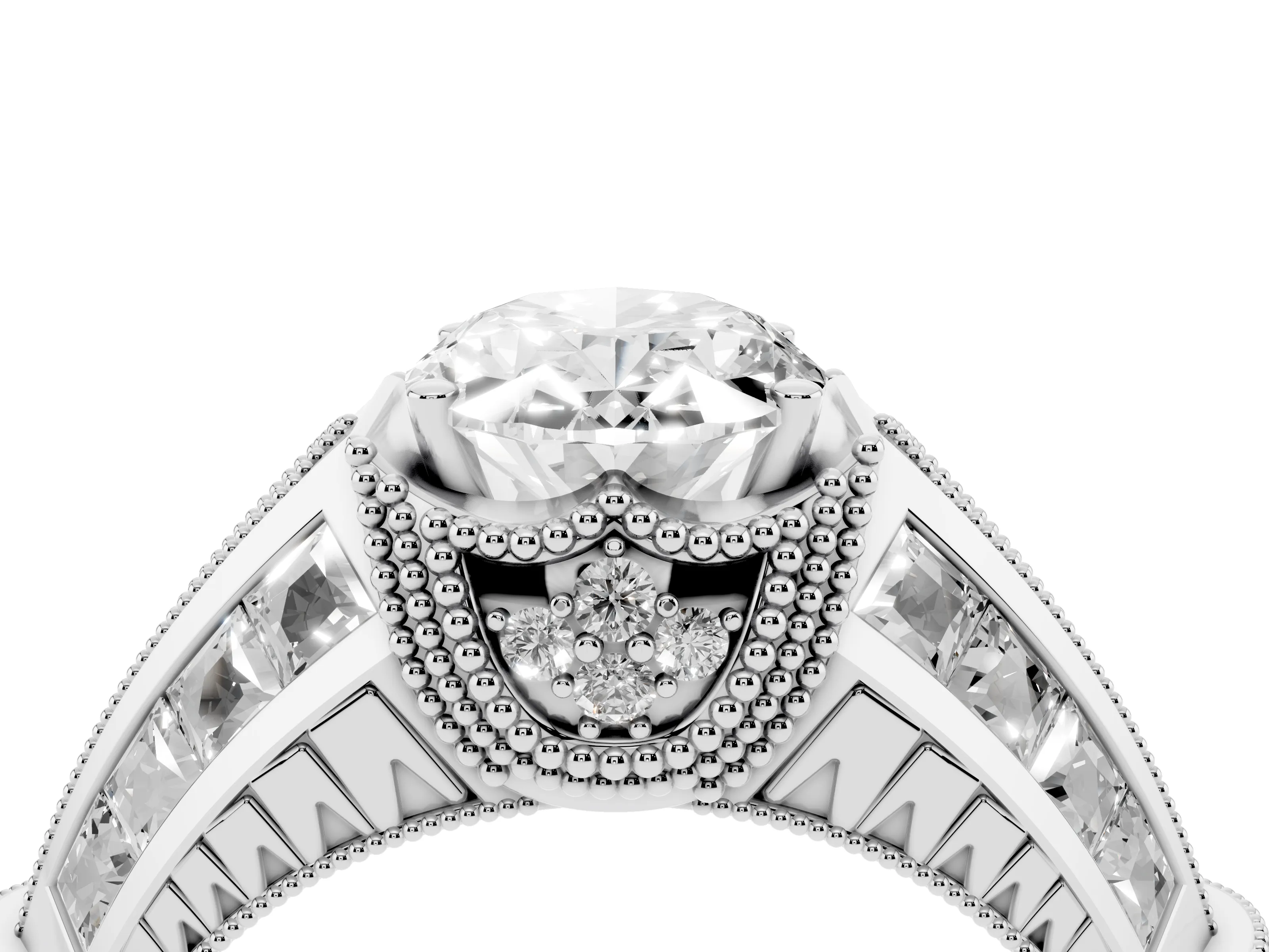 Oval Cut Diamond Vintage-Inspired Milgrain Ring Set in Silver with Accent Split Shank