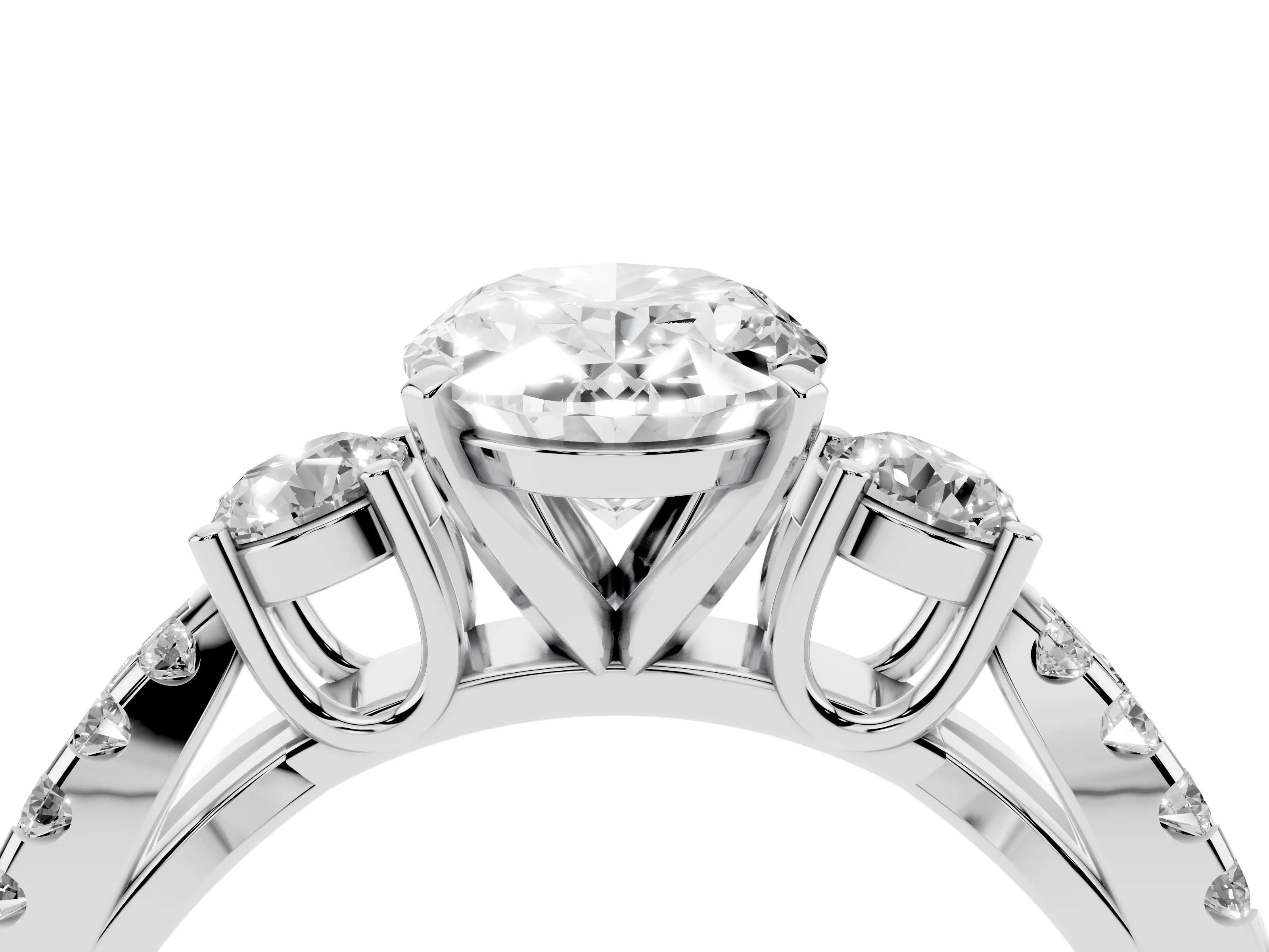 Oval Cut Diamond Three-Stone Ring Set in Platinum with Pavé Split Shank and Prong Setting