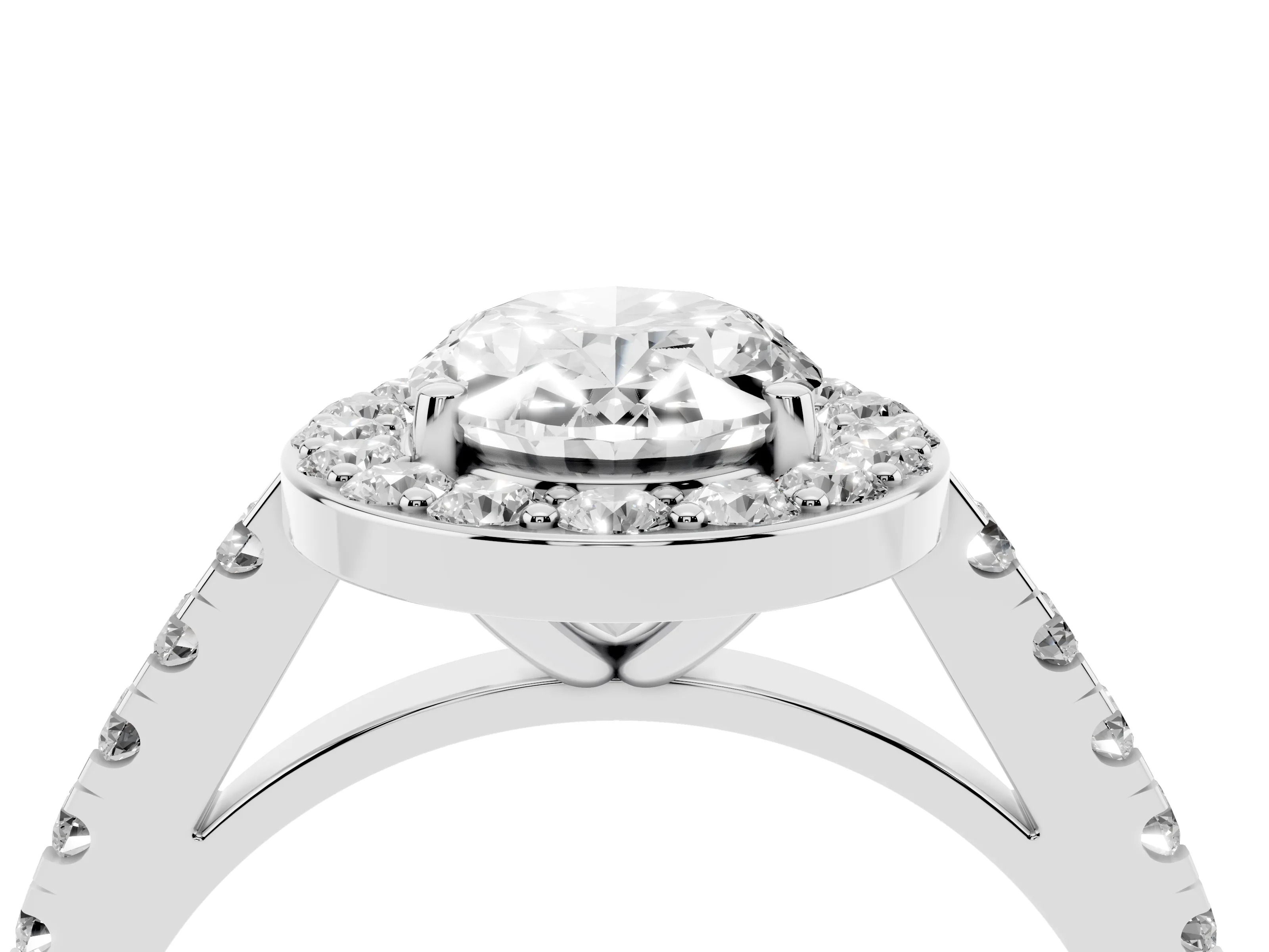 Oval Cut Diamond Halo Ring Set in Silver with Round Pavé Split Shank and Prong Setting
