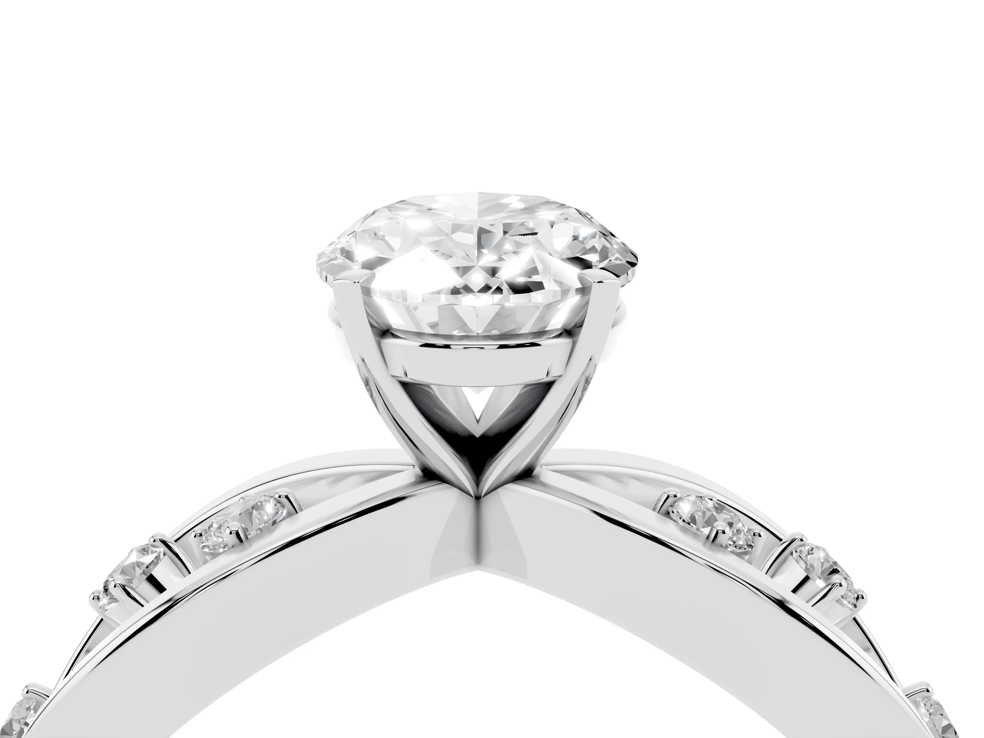 Oval Cut Diamond Solitaire Ring Set in White gold with Side Stones on Criss-Cross Band and Prong Setting