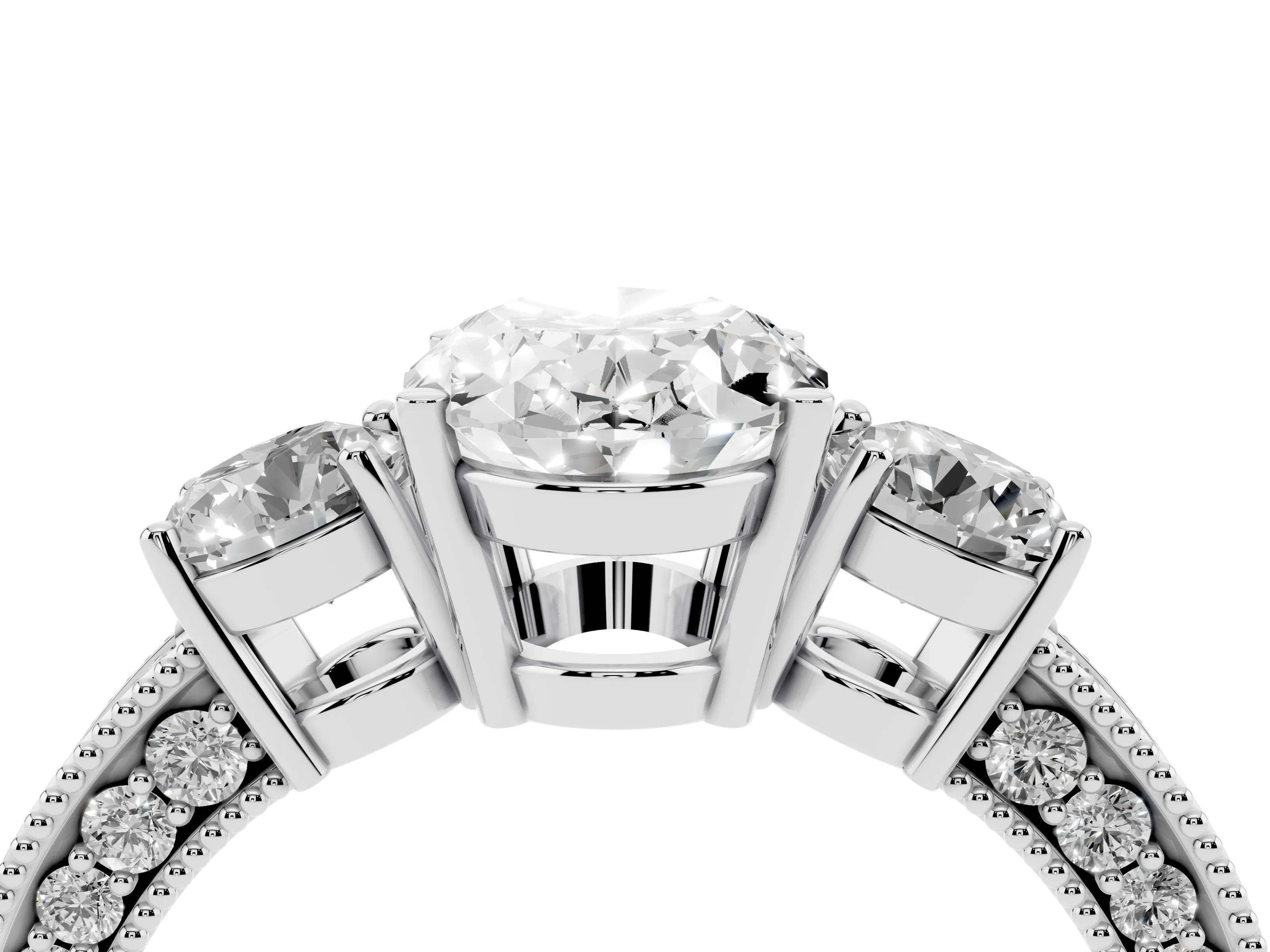 Oval Cut Diamond Three-Stone Ring Set in Silver with Round Side Stones and Pavé Band