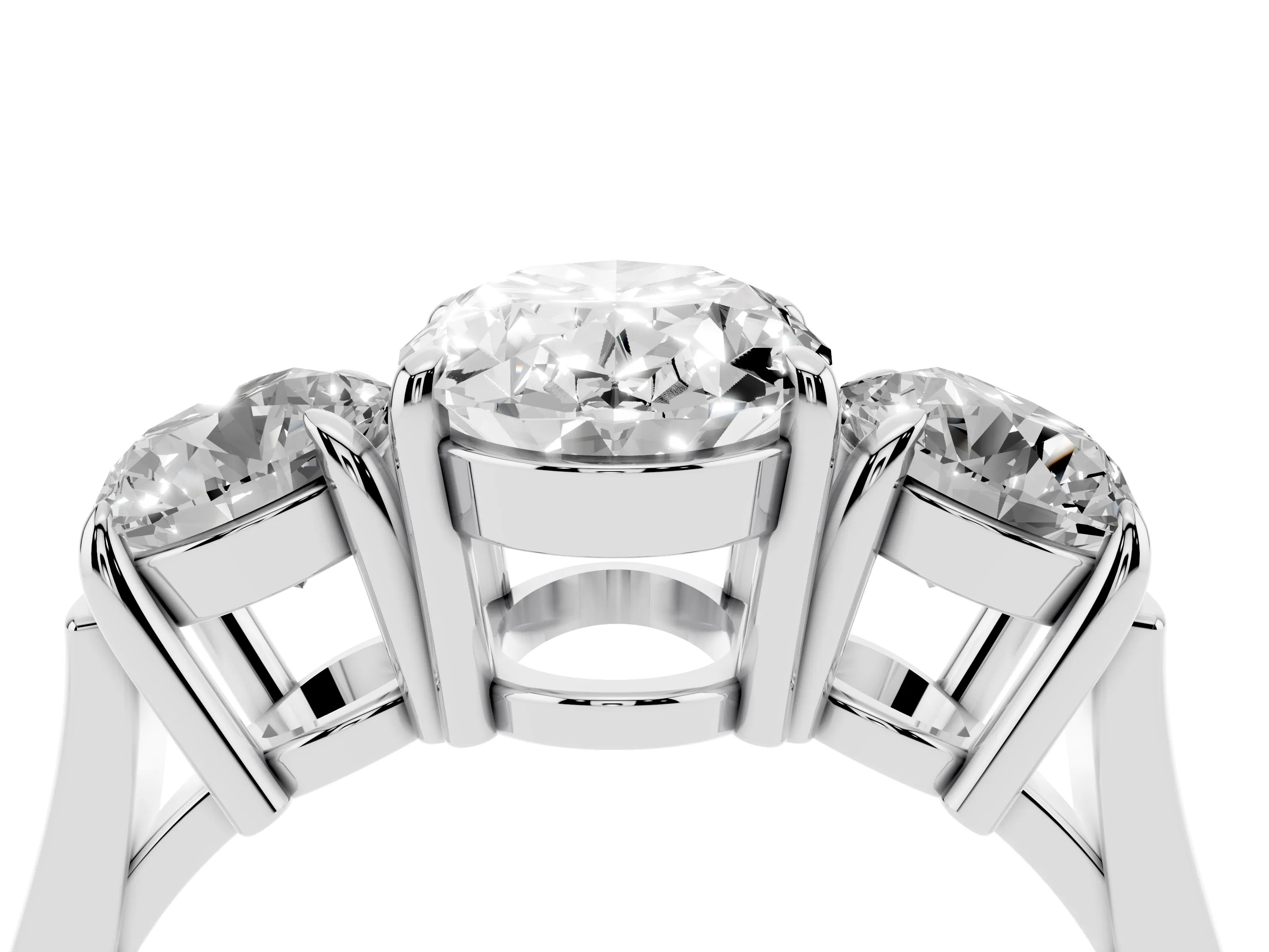 Oval Cut Diamond Three-Stone Ring Set in Silver with Round Accent Stones and Plain Band