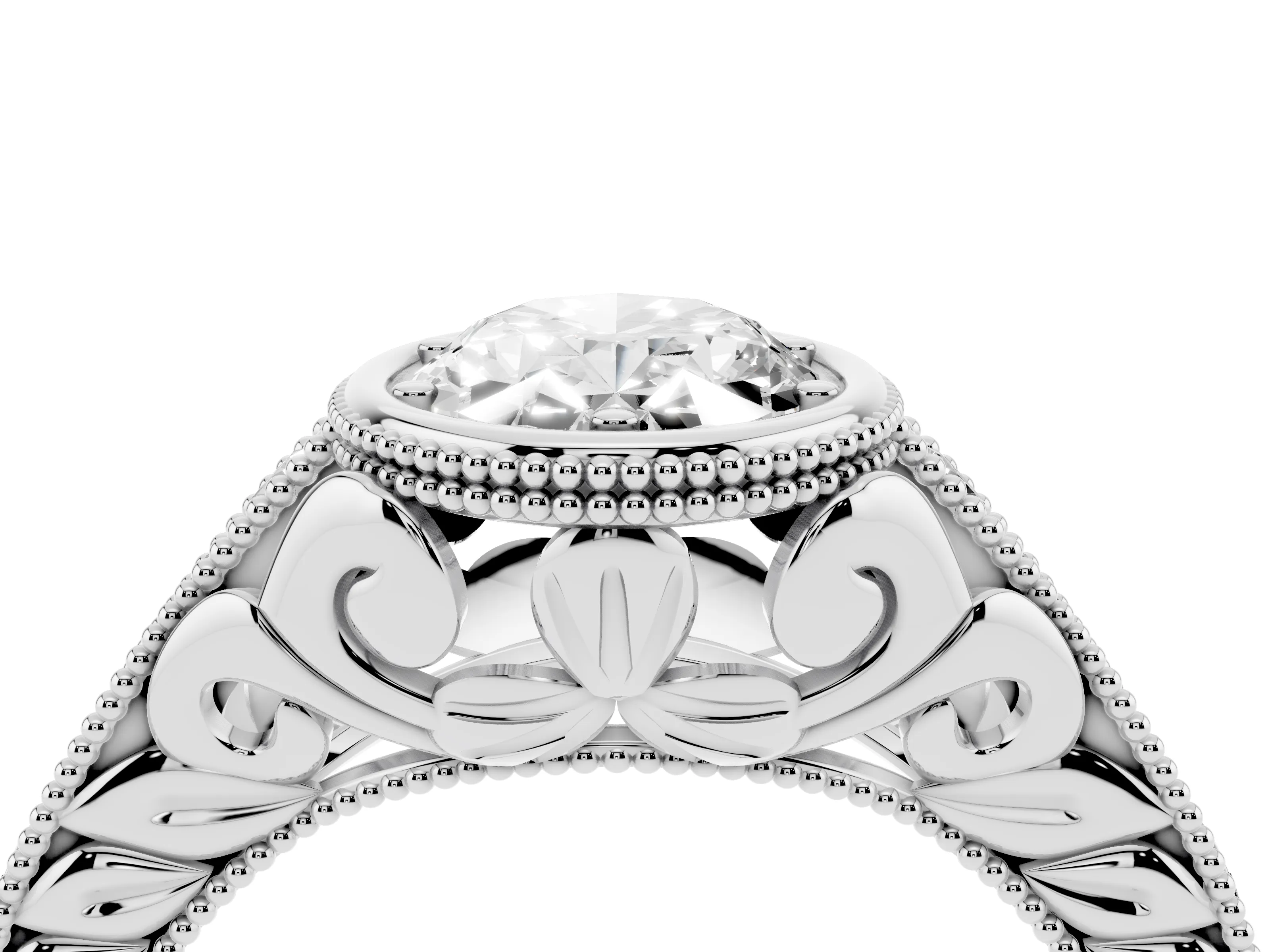 Bezel Set Oval Cut Diamond Milgrain Pavé Engagement Ring Set in Silver