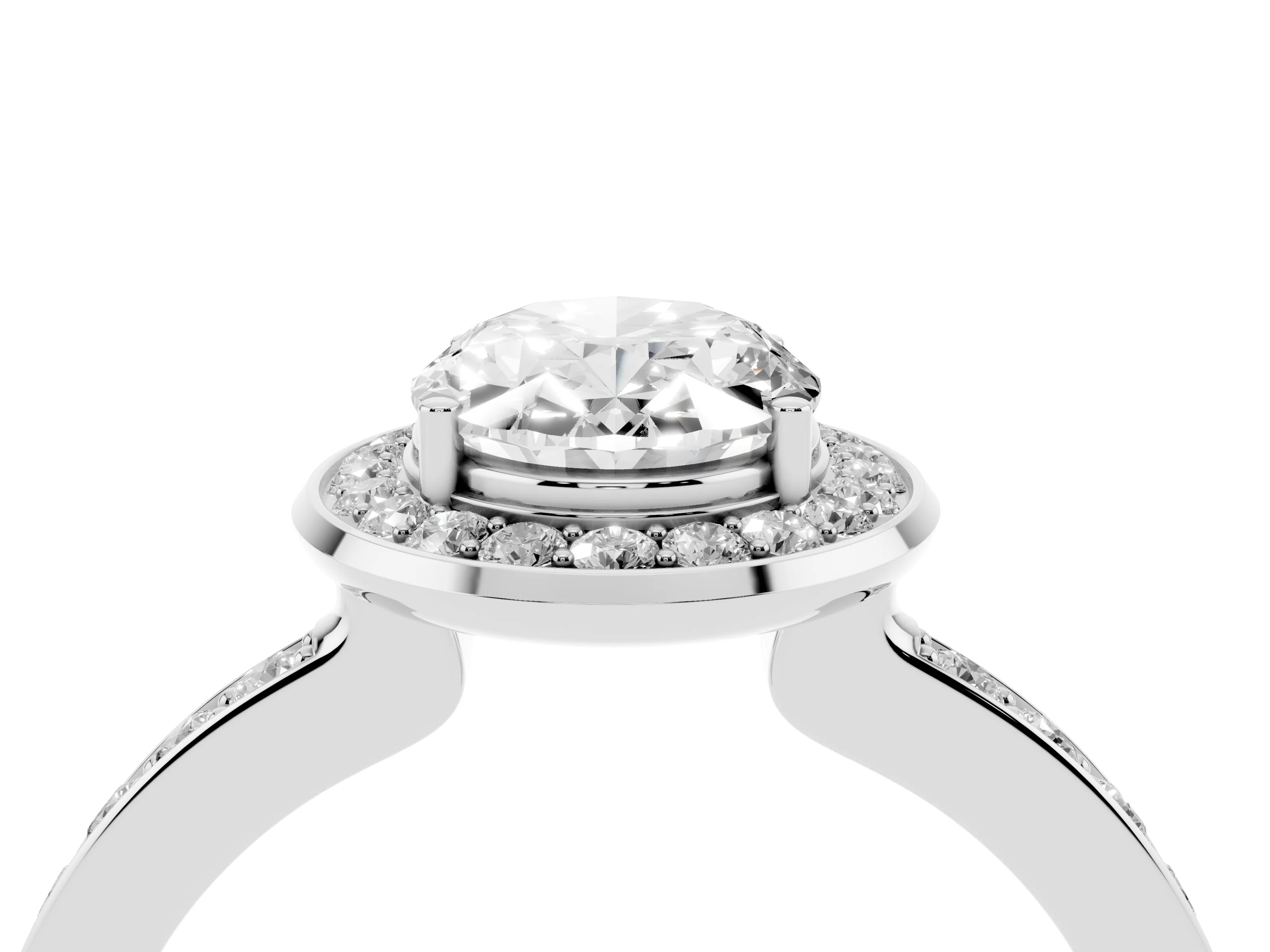 Oval Cut Diamond Halo Ring Set in Platinum with Bezel Frame and Pavé Band