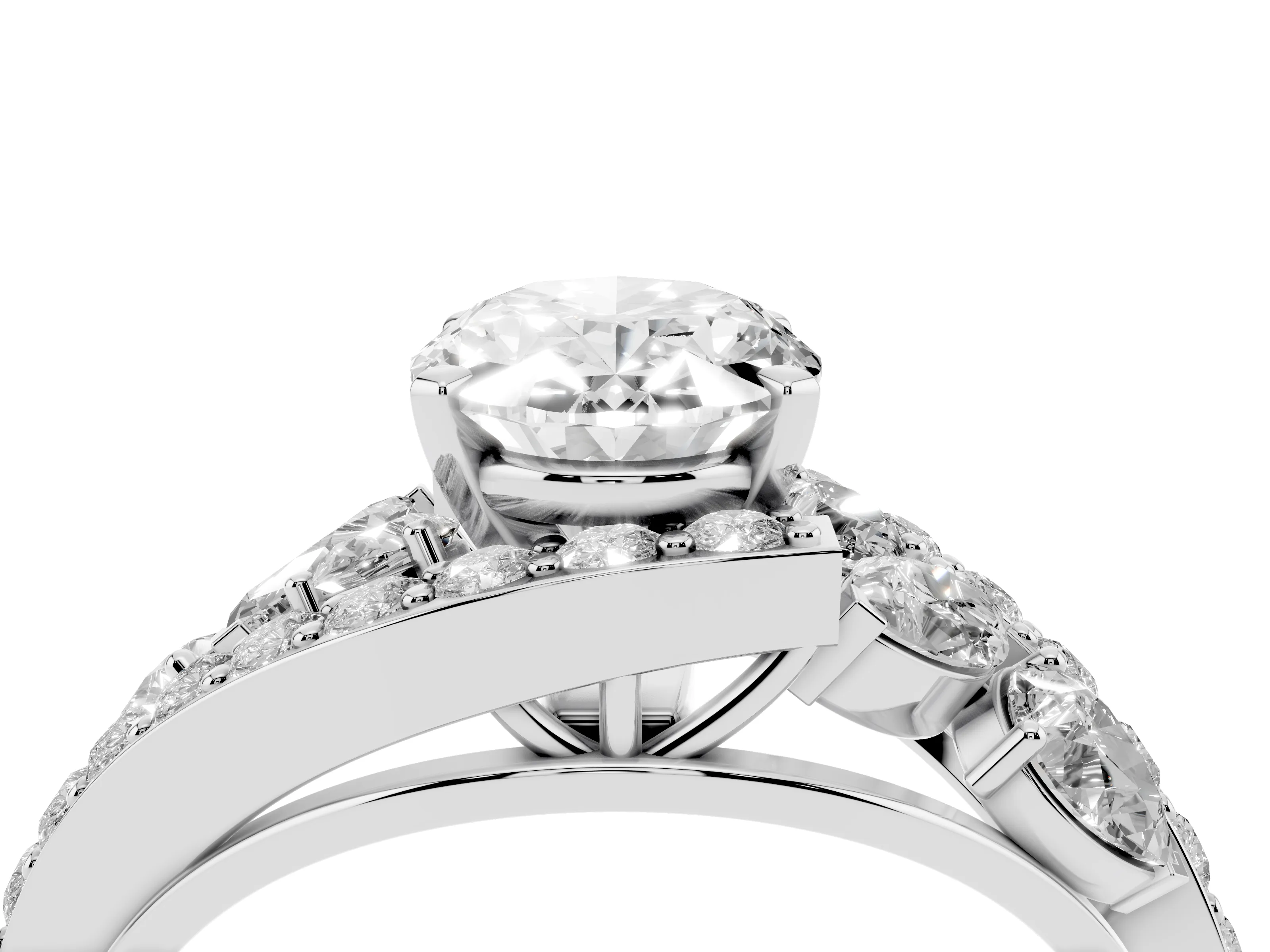 Oval Cut Diamond Halo Ring Set in White gold with Marquise and Pavé Band in Prong Setting