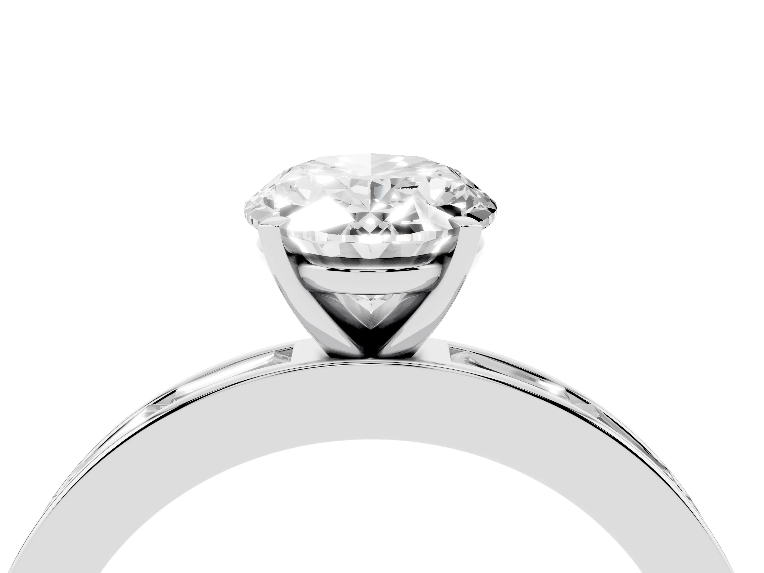 Oval Cut Diamond Solitaire Ring Set in White gold with Channel-Set Baguette Band and Prong Setting