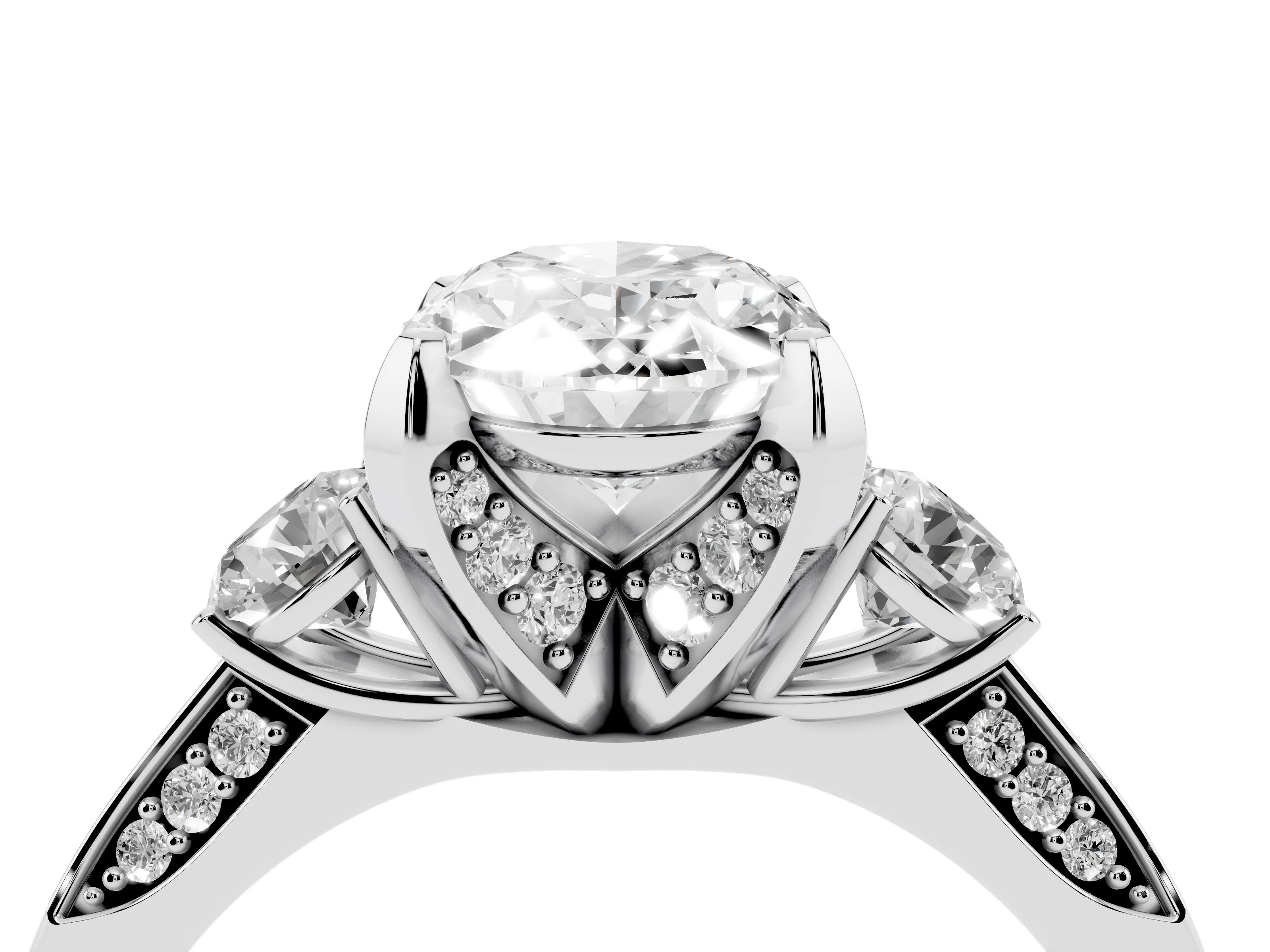Oval Cut Diamond Three-Stone Ring Set in White gold with Pavé Band and Smaller Side Stones