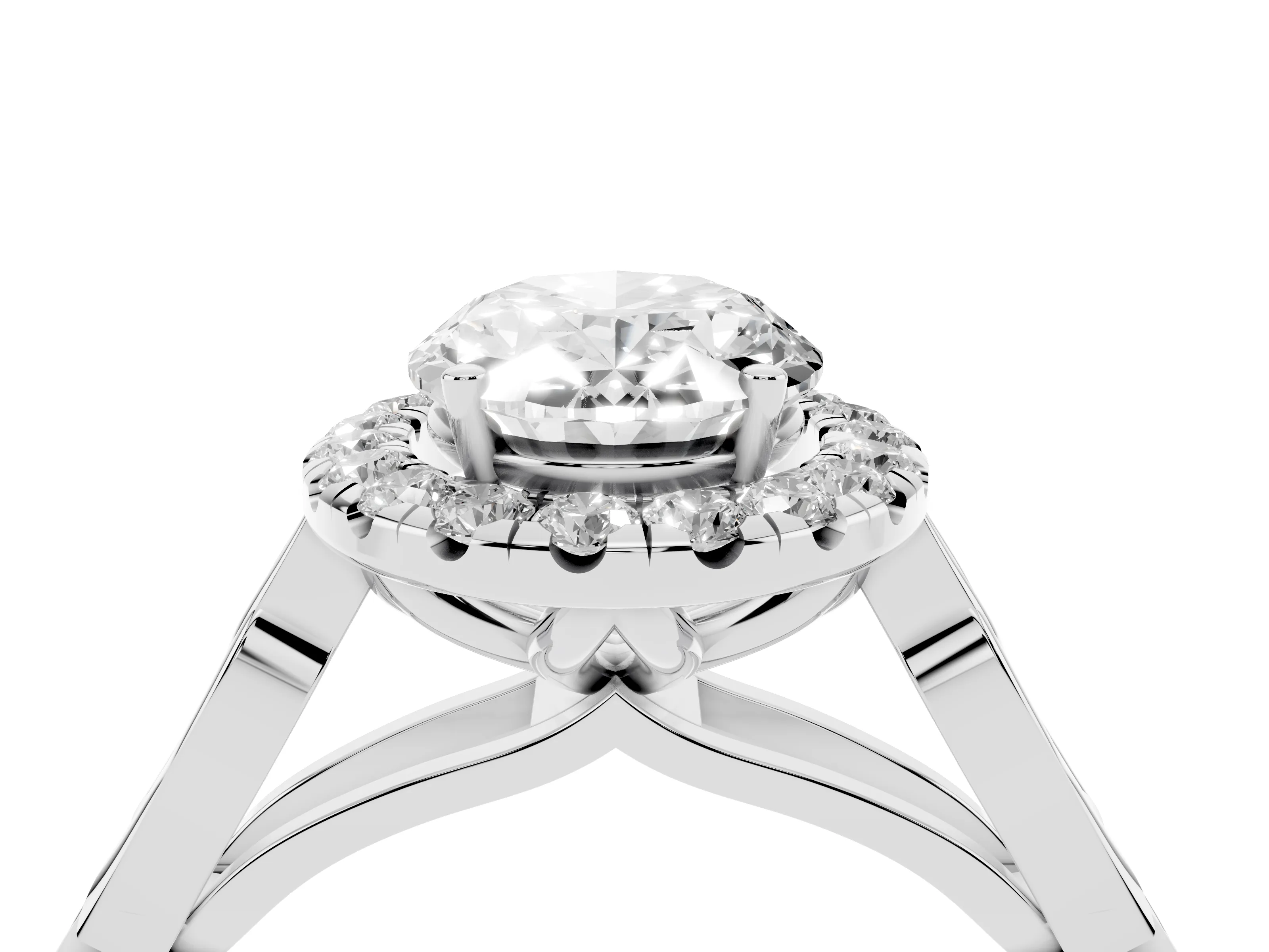 Oval Cut Diamond Halo Engagement Ring Set in Silver with Filigree Band and Prong-Set Center