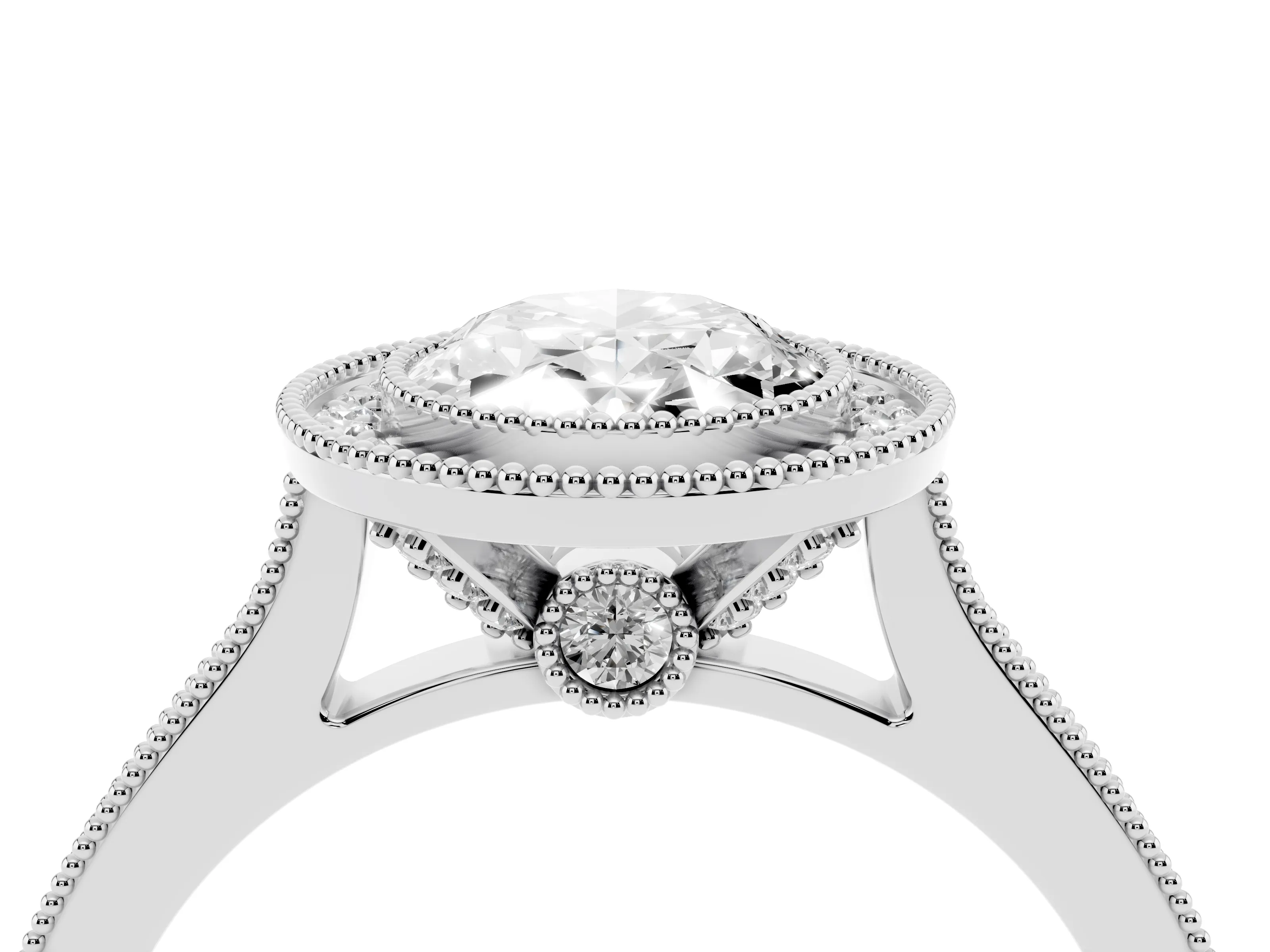 Oval Cut Diamond Halo Milgrain Pavé Band Ring Set in Silver with Prong Setting