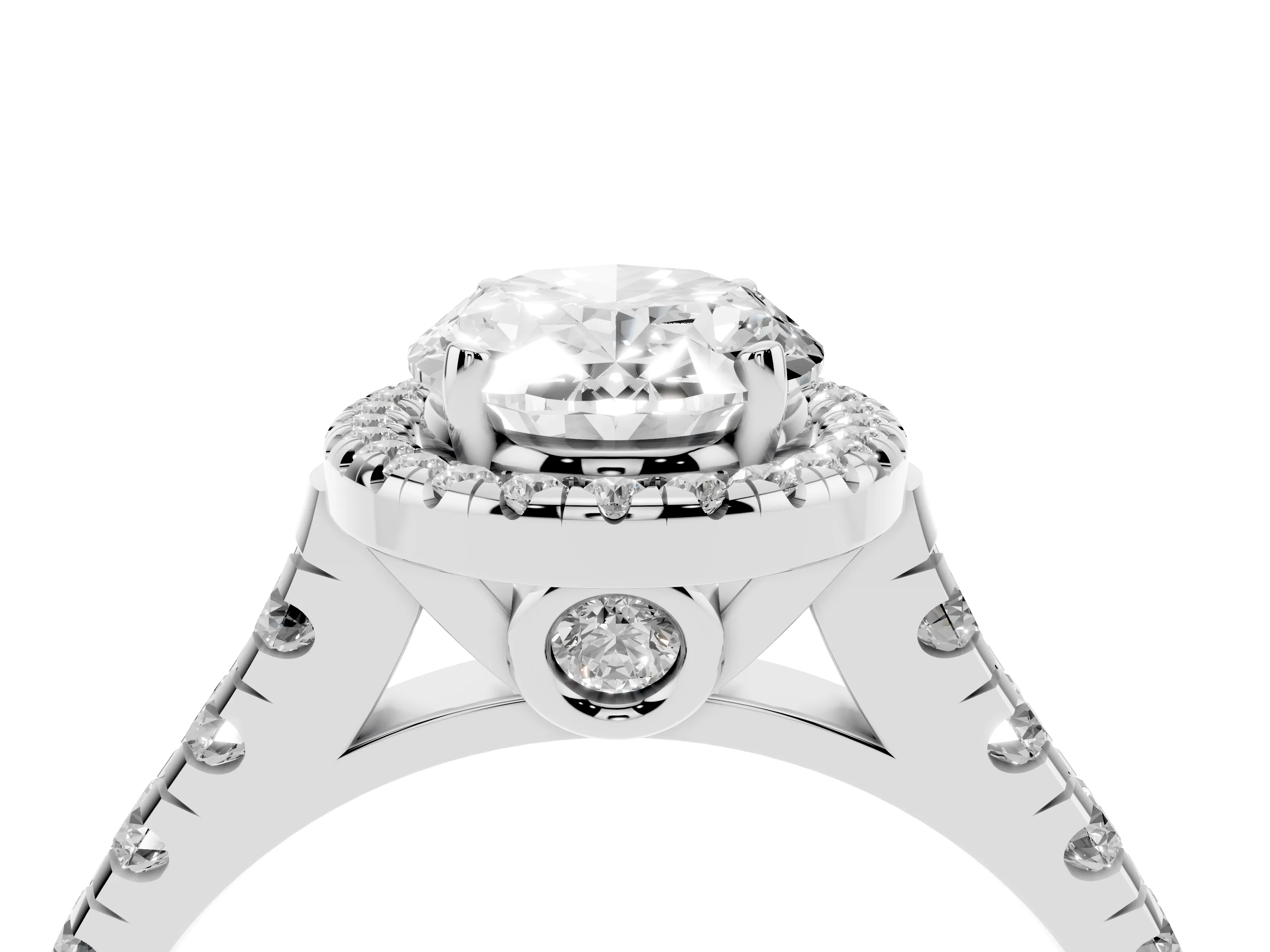 Oval Cut Diamond Halo Engagement Ring Set in White gold with Pavé Band and Prong-Set Center